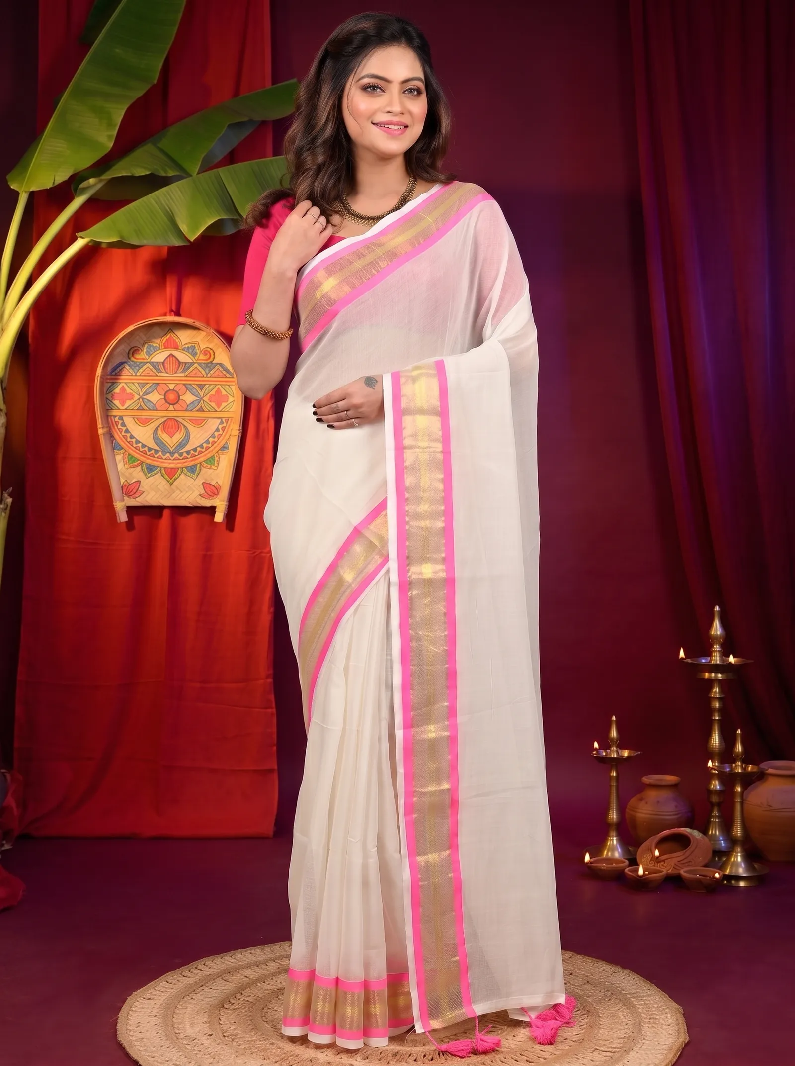 DipDiya Cotton White Pink Sofeda Timeless Elegance Handloom Sarees