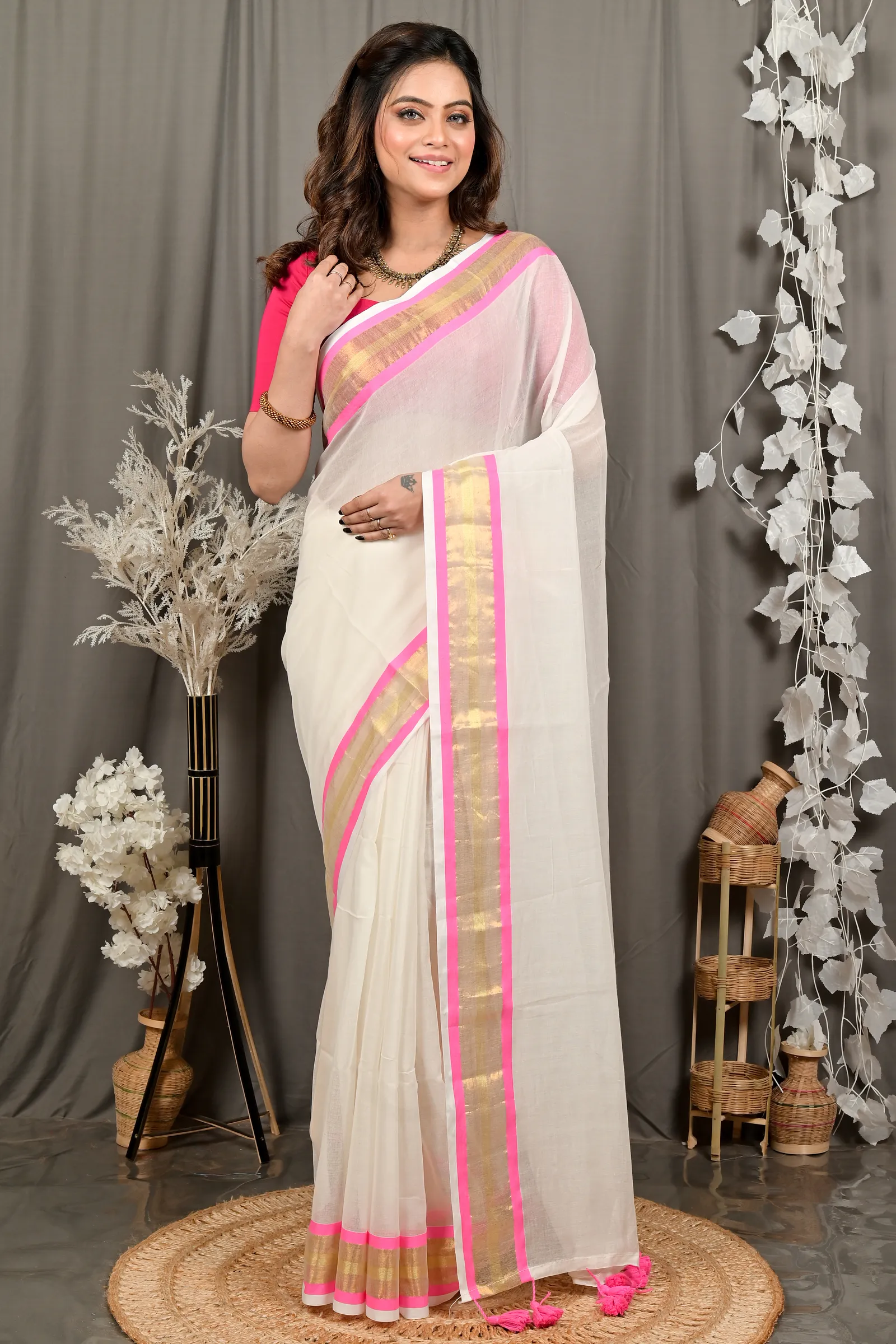 DipDiya Cotton White Pink Sofeda Timeless Elegance Handloom Sarees