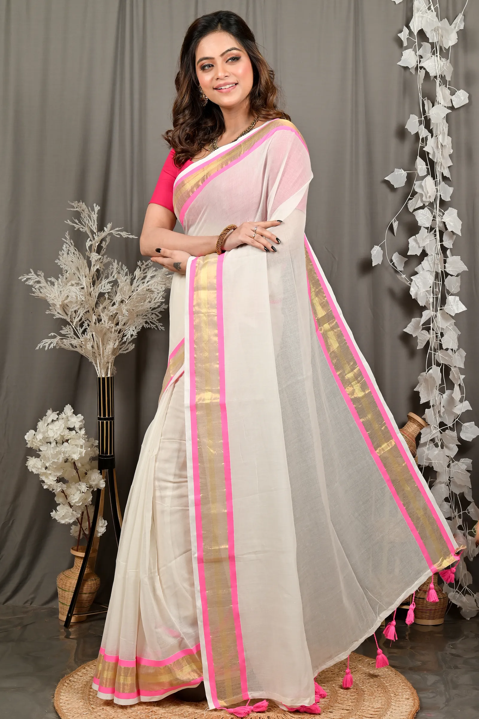 DipDiya Cotton White Pink Sofeda Timeless Elegance Handloom Sarees
