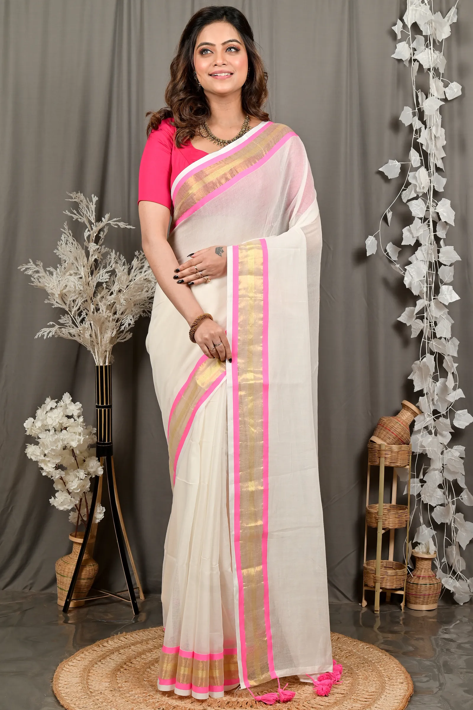 DipDiya Cotton White Pink Sofeda Timeless Elegance Handloom Sarees