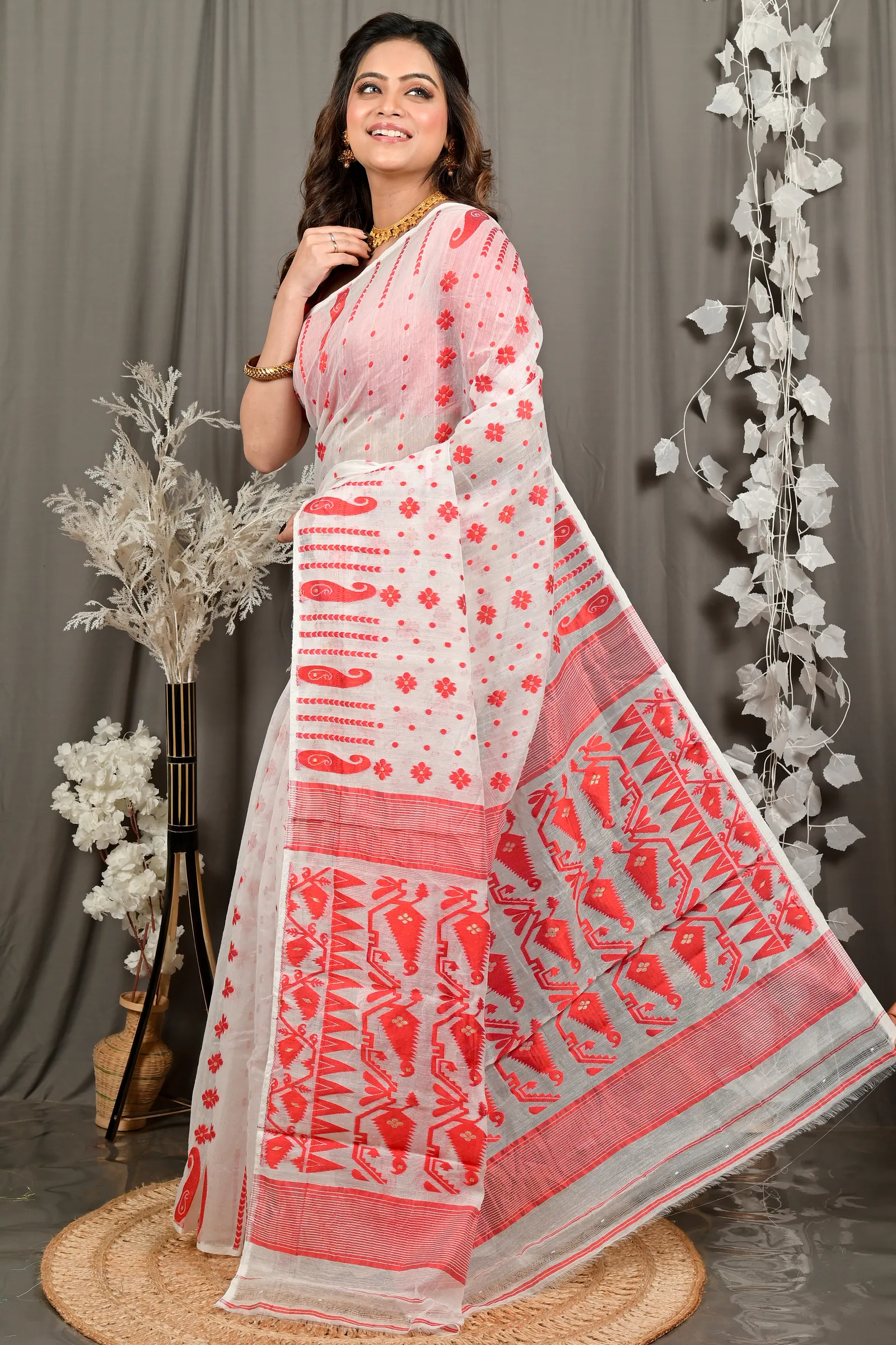 DipDiya Cotton White Red Folai Elegant by Tradition Jamdani Sarees