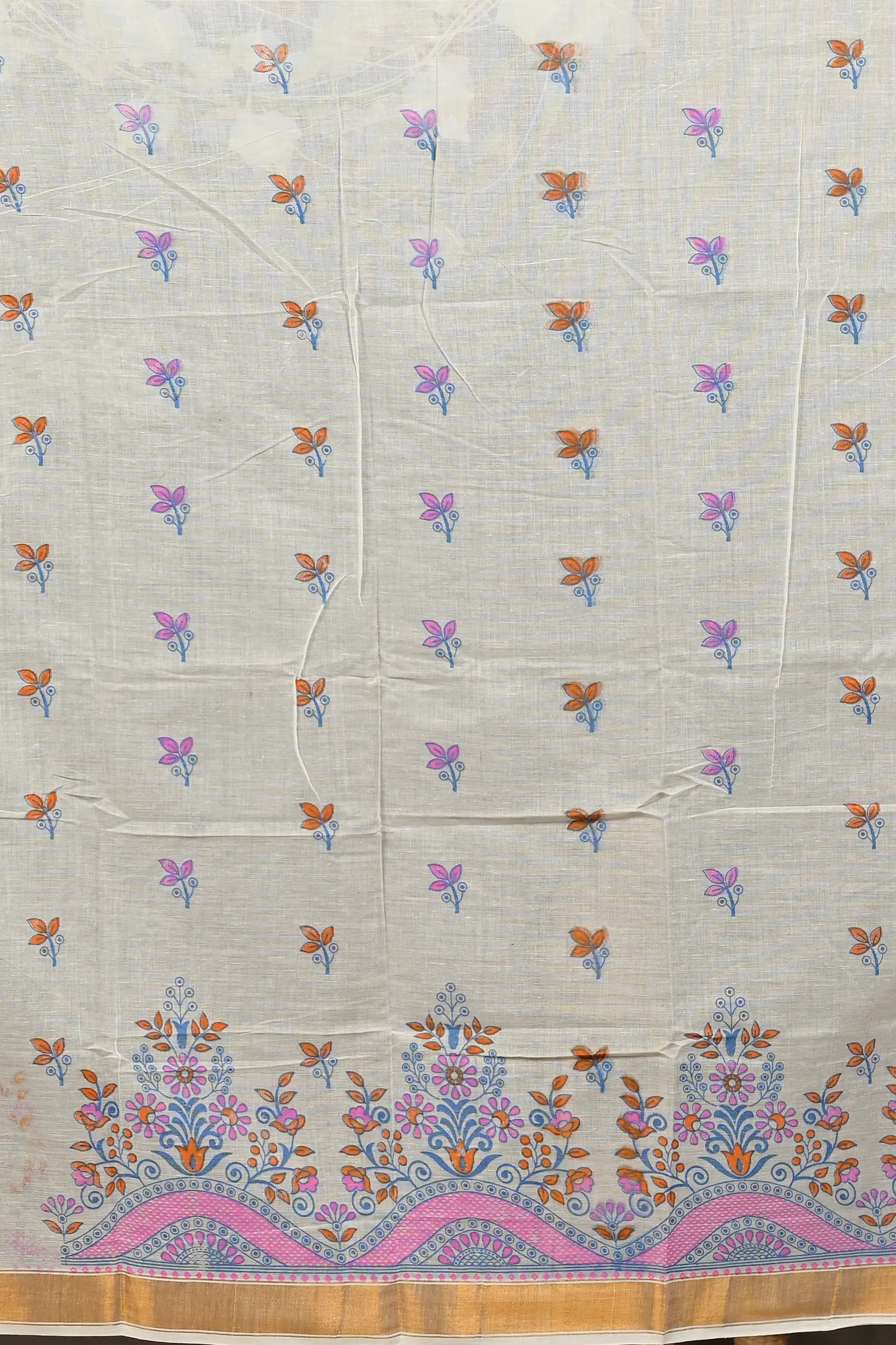 DipDiya Cotton White Red Variti pritat Rooted in Bengal Printed Handloom Sarees