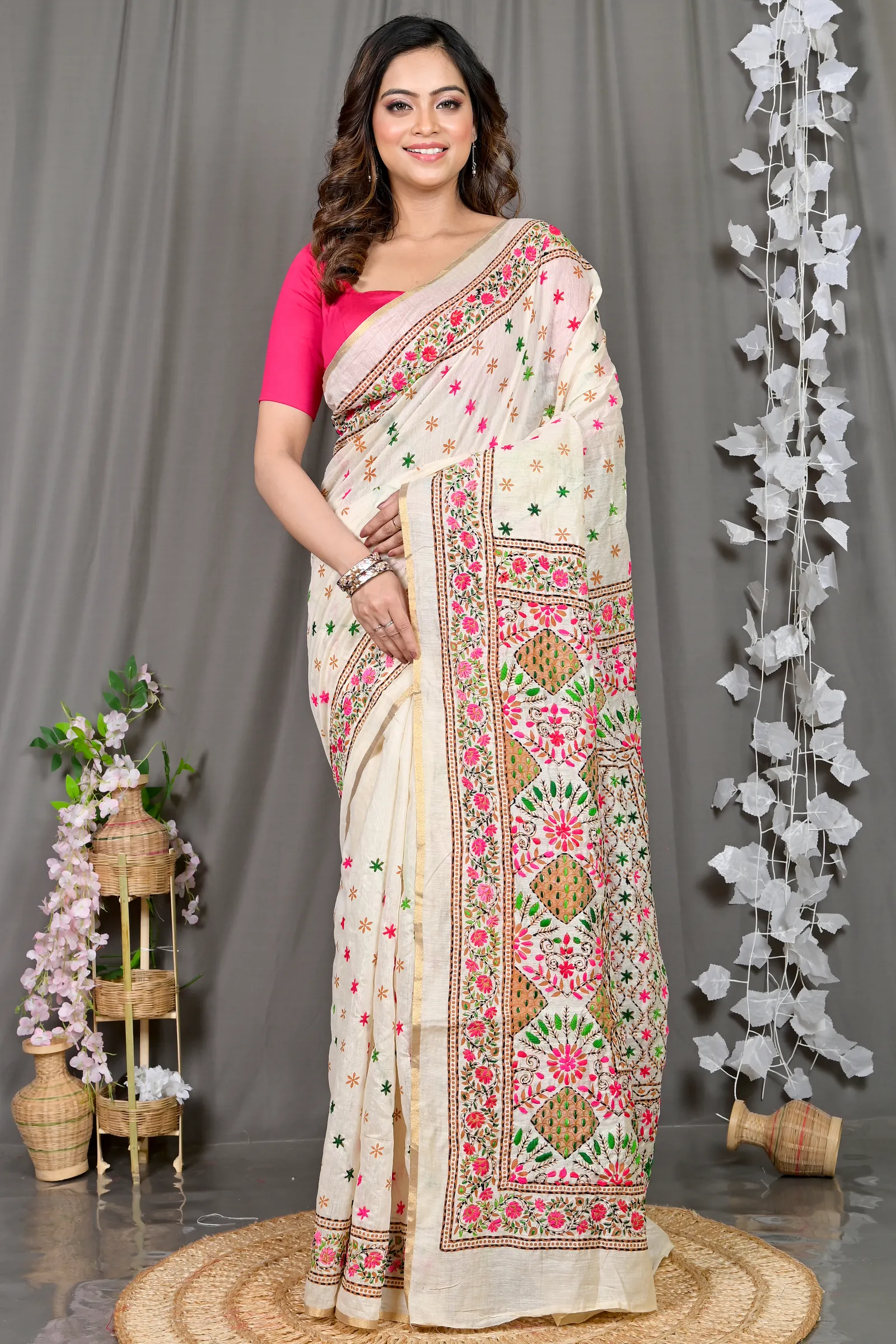 DipDiya Cotton White Varitikath Crafted with Soul Kantha Stitch Sarees