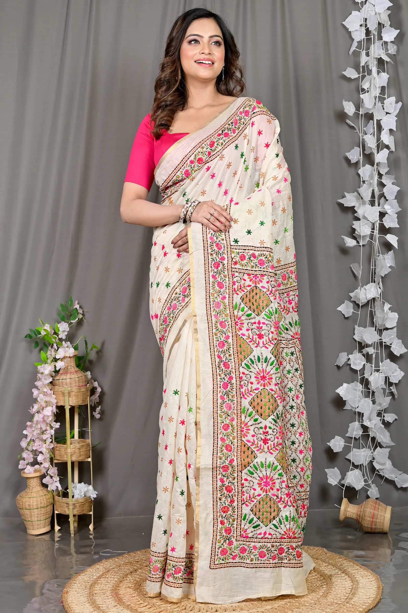 DipDiya Cotton White Varitikath Crafted with Soul Kantha Stitch Sarees