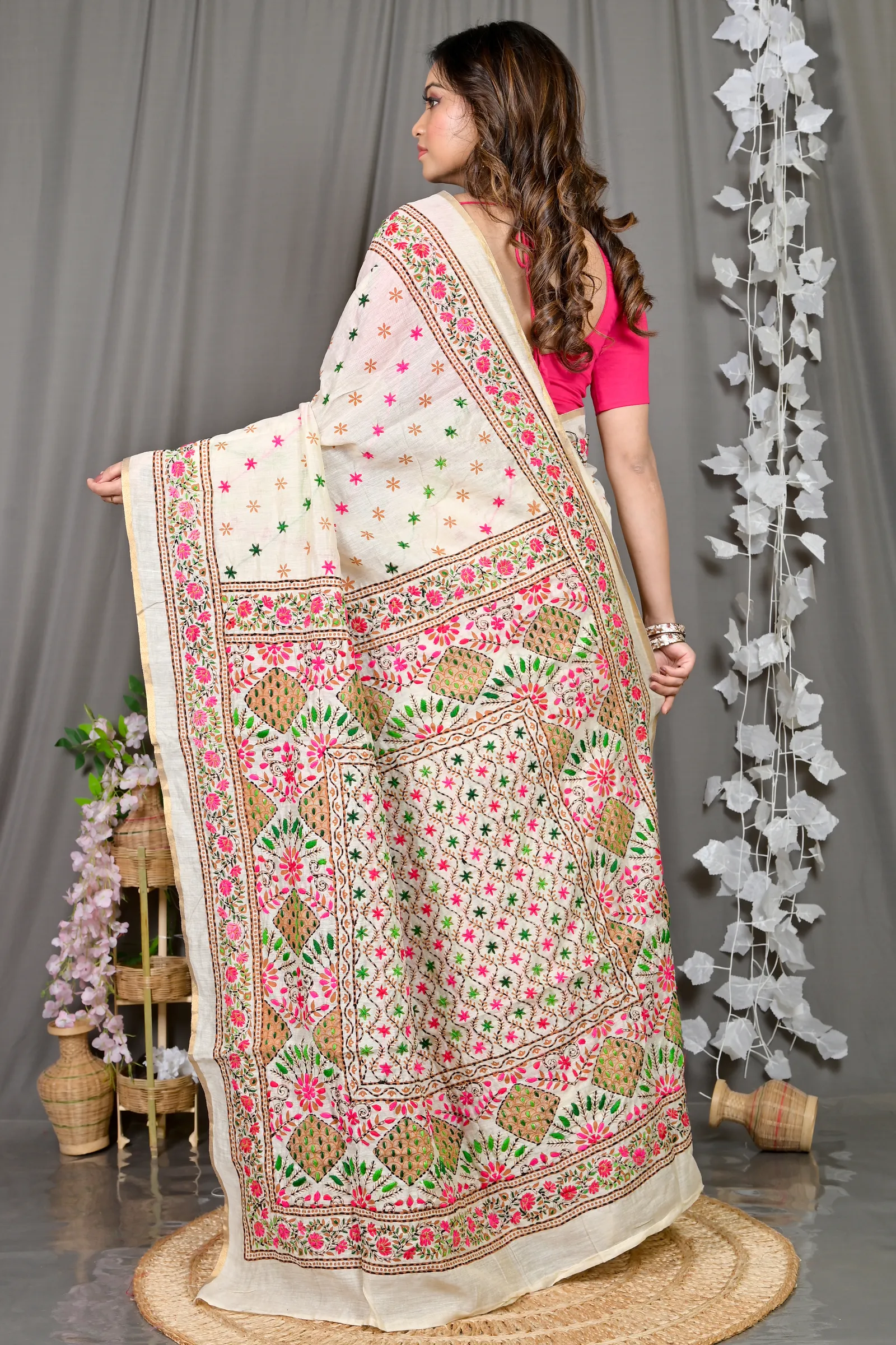 DipDiya Cotton White Varitikath Crafted with Soul Kantha Stitch Sarees