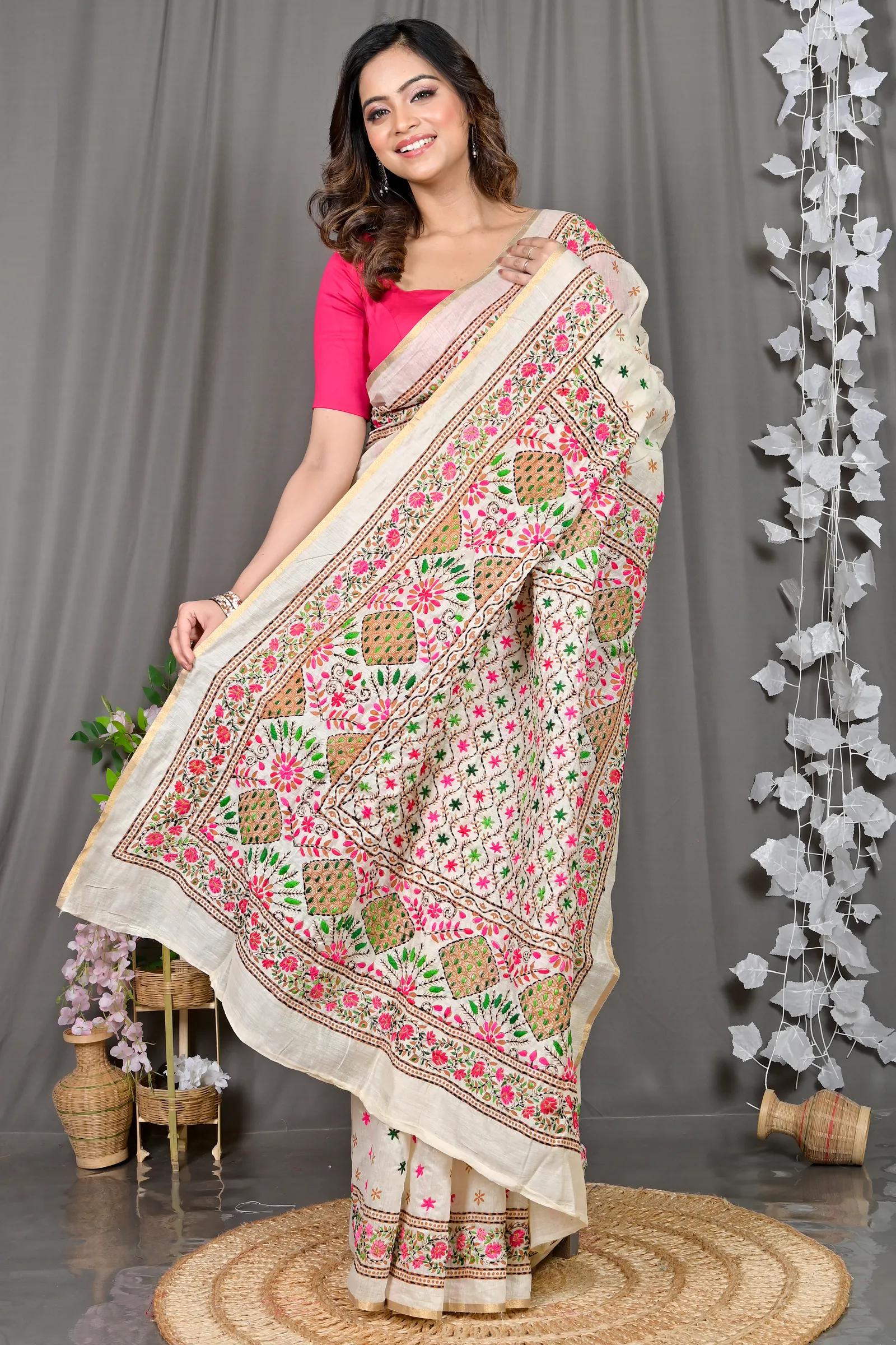 DipDiya Cotton White Varitikath Crafted with Soul Kantha Stitch Sarees