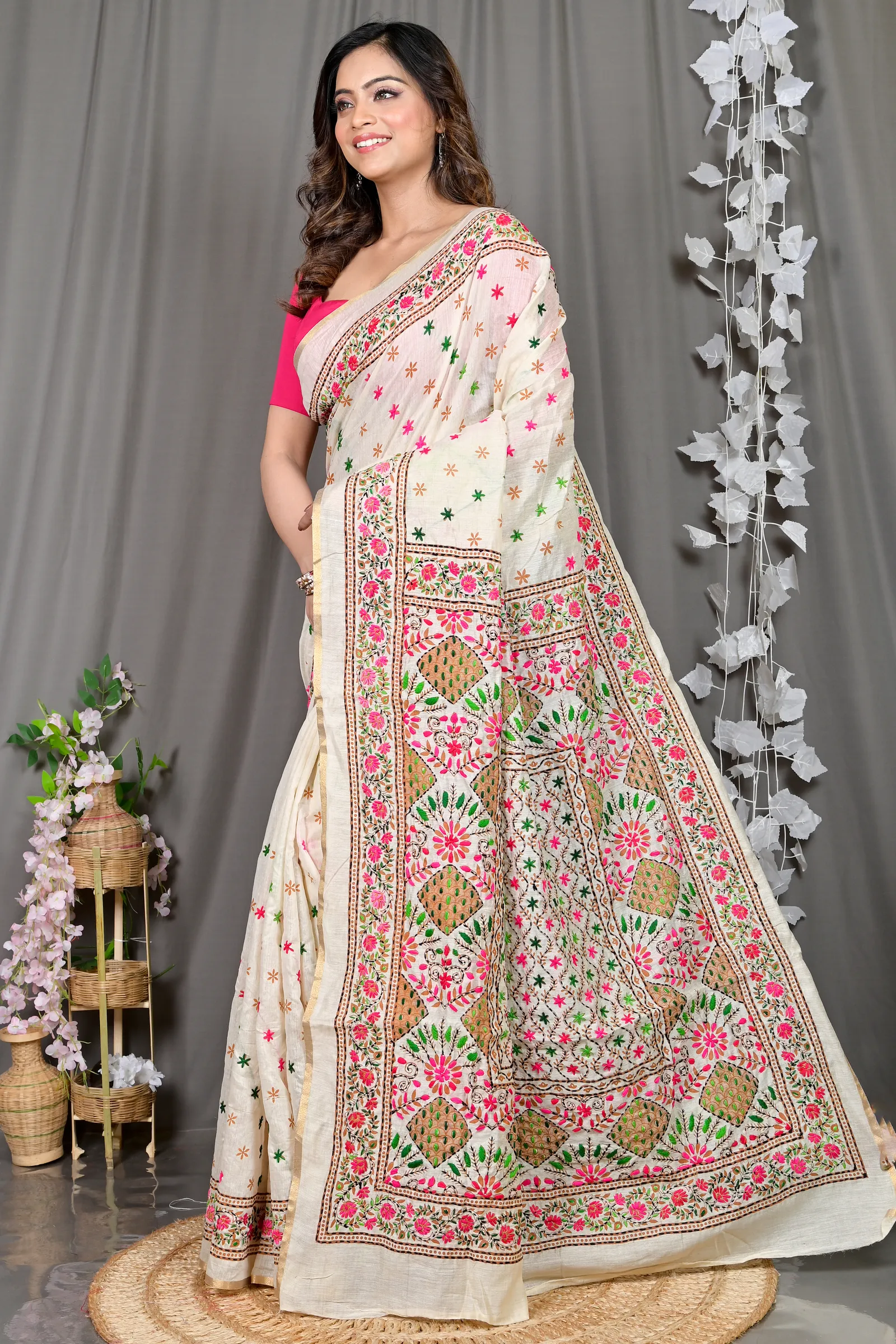 DipDiya Cotton White Varitikath Crafted with Soul Kantha Stitch Sarees
