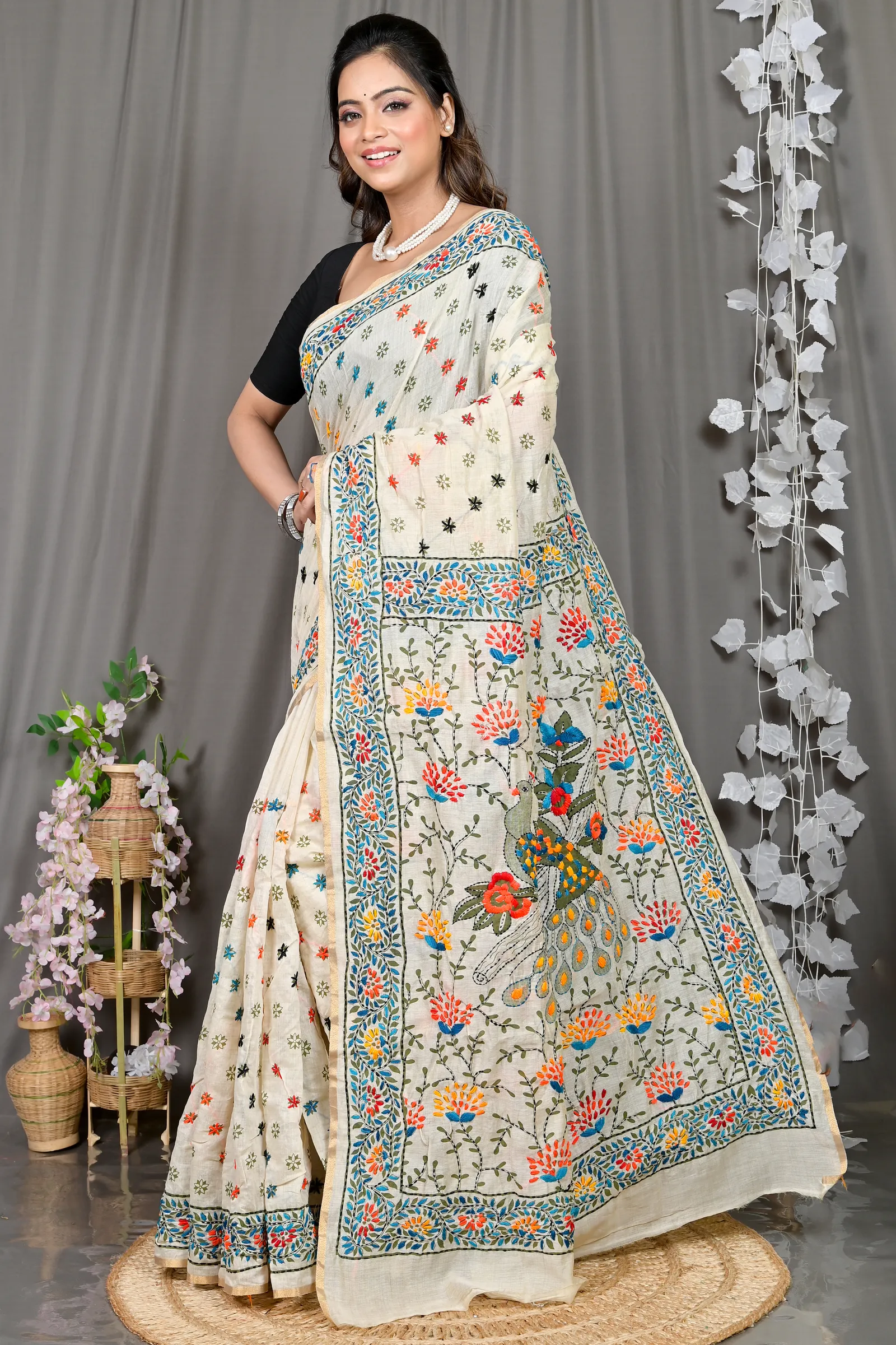 DipDiya Cotton White Varitikath Essence of Bengal Kantha Stitch Sarees