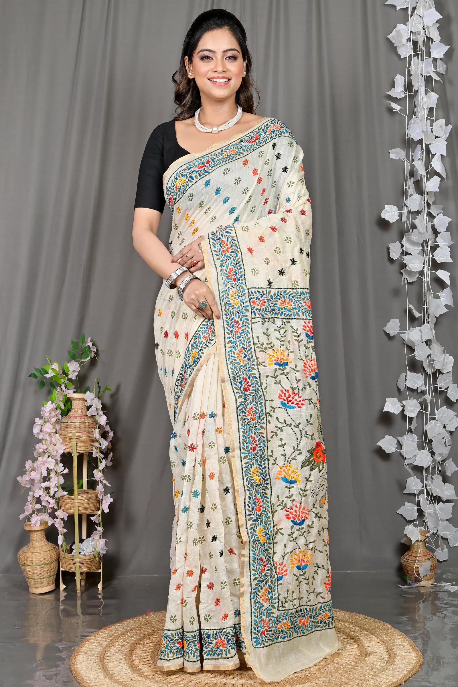 DipDiya Cotton White Varitikath Essence of Bengal Kantha Stitch Sarees