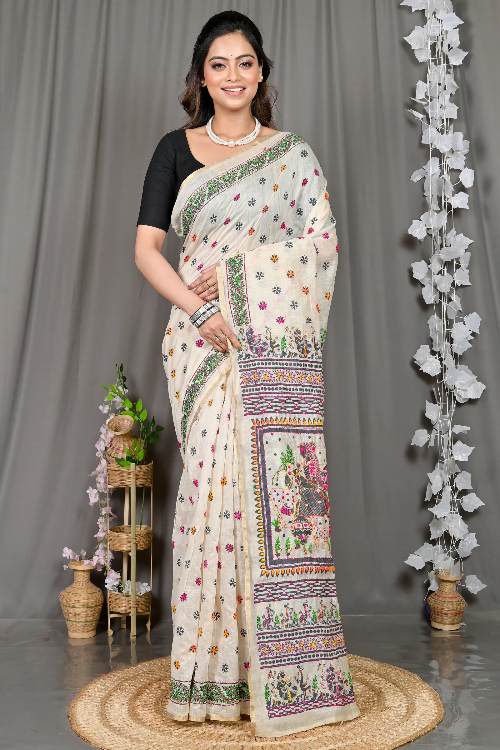 DipDiya Cotton White Varitikath Grace of Bengal Kantha Stitch Sarees