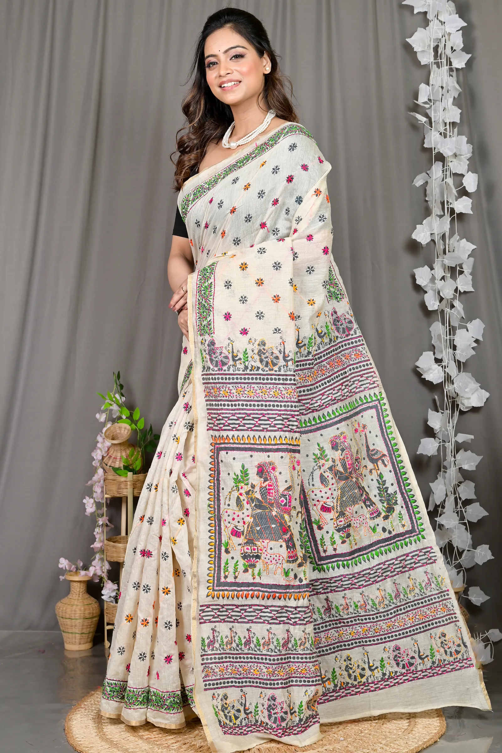 DipDiya Cotton White Varitikath Grace of Bengal Kantha Stitch Sarees