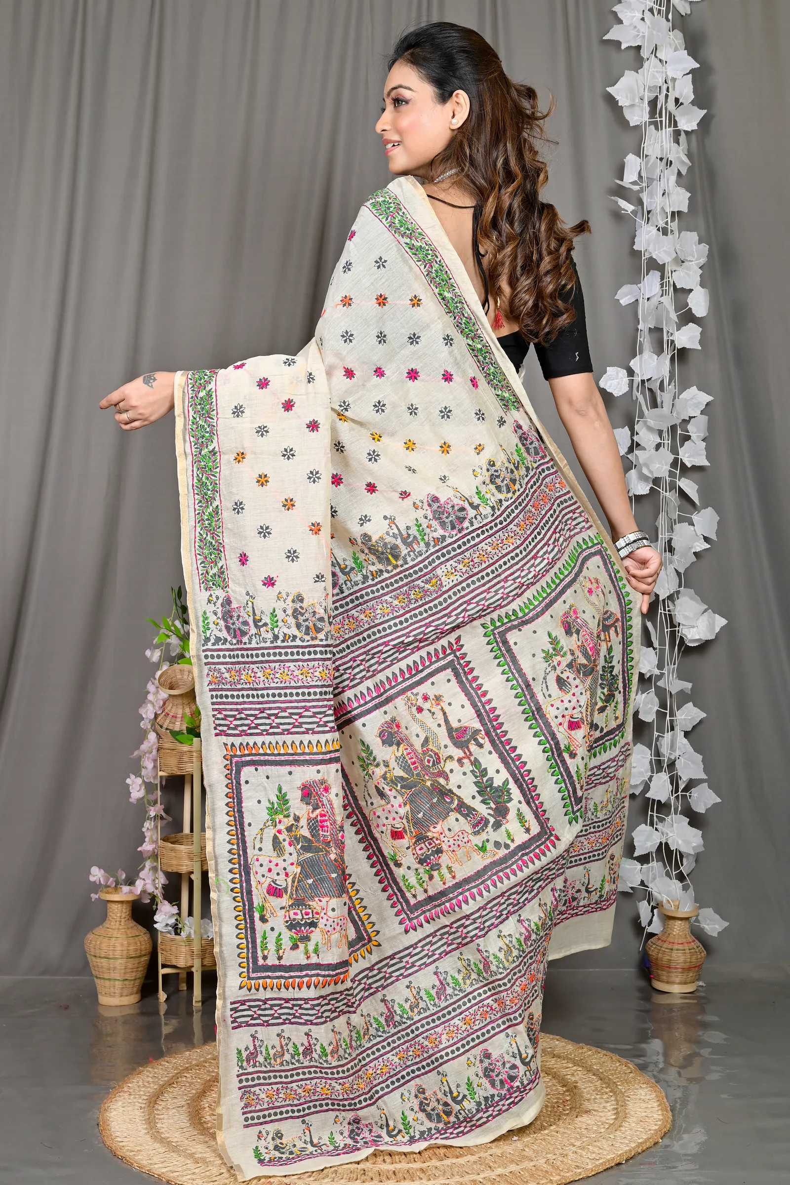 DipDiya Cotton White Varitikath Grace of Bengal Kantha Stitch Sarees