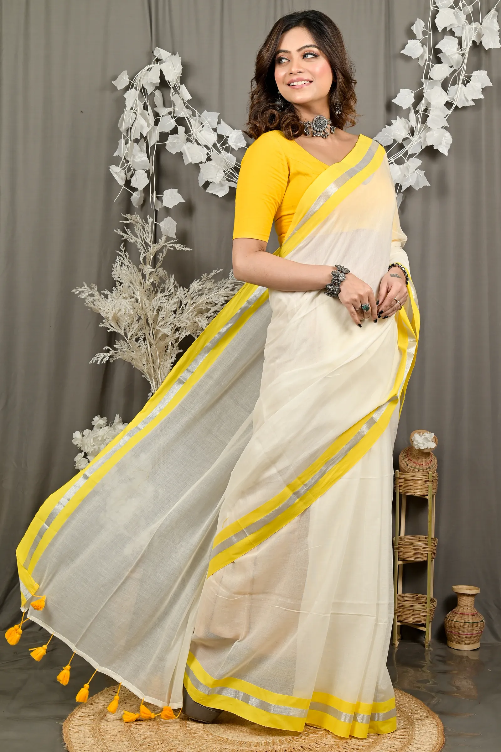 DipDiya Cotton White Yellow Sofeda Traditional Elegance Handloom Sarees