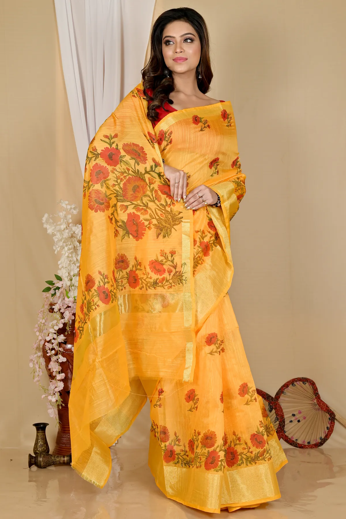 DipDiya Cotton Yellow Narme Regal Bengali Printed Handloom Sarees