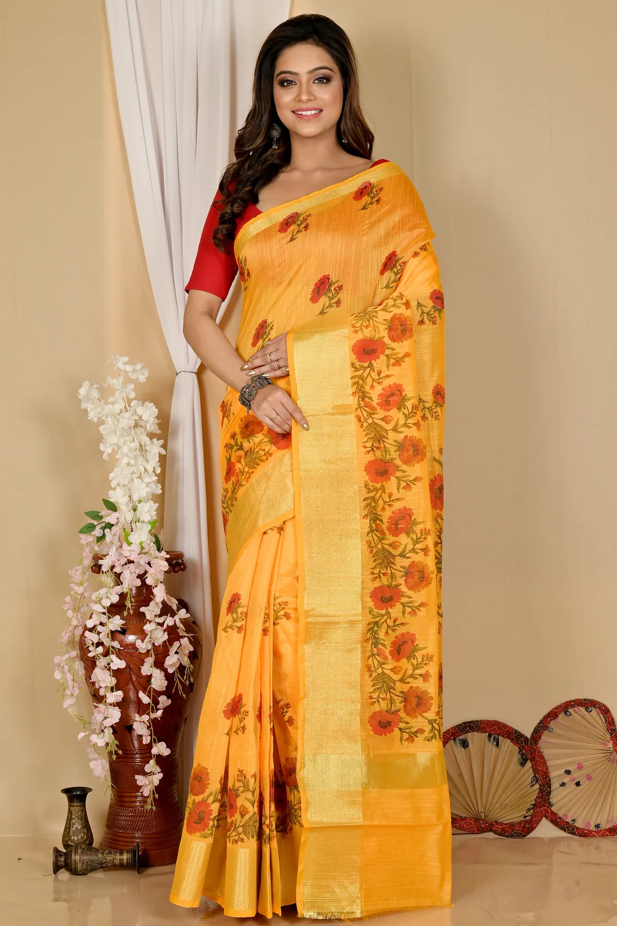 DipDiya Cotton Yellow Narme Regal Bengali Printed Handloom Sarees
