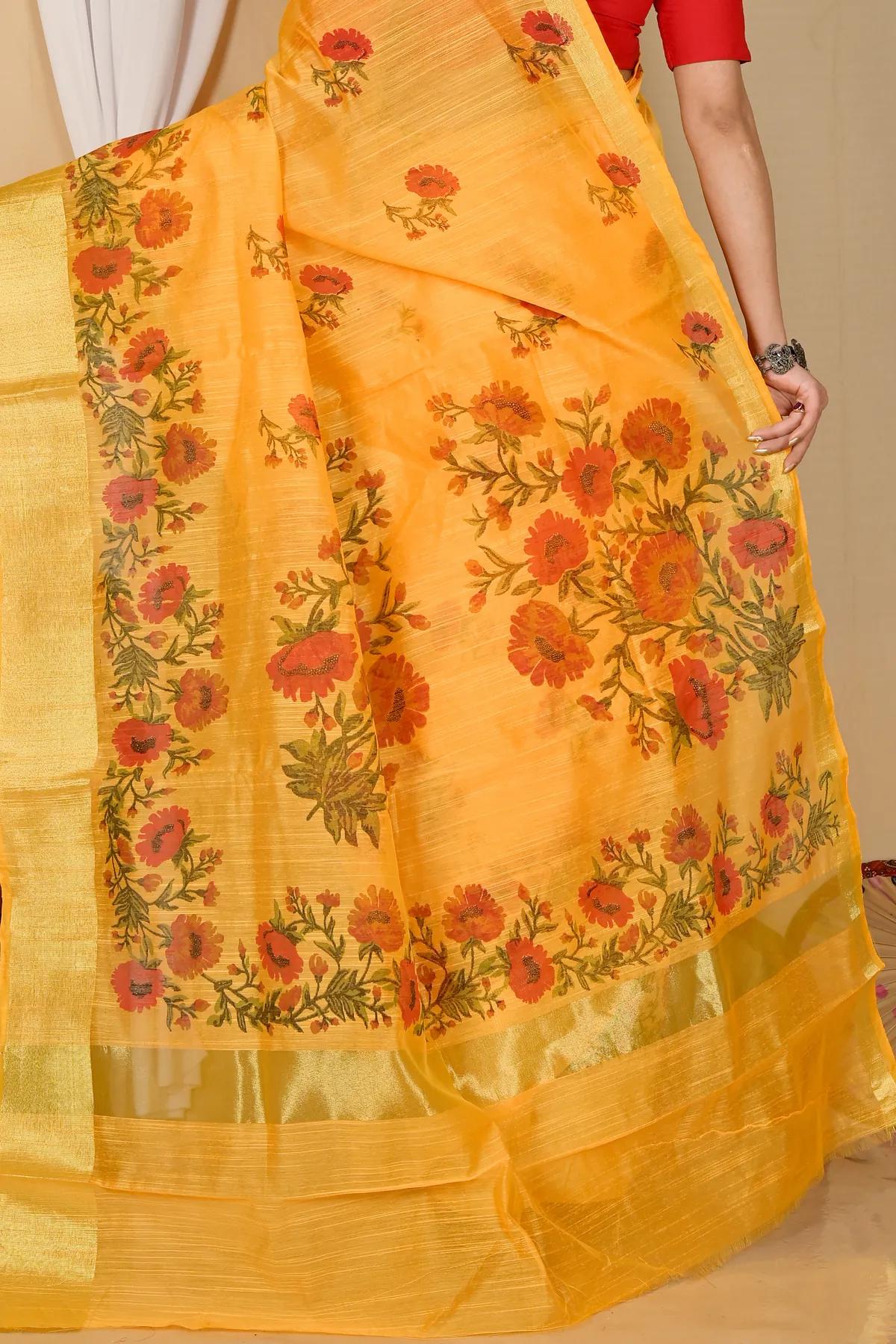 DipDiya Cotton Yellow Narme Regal Bengali Printed Handloom Sarees