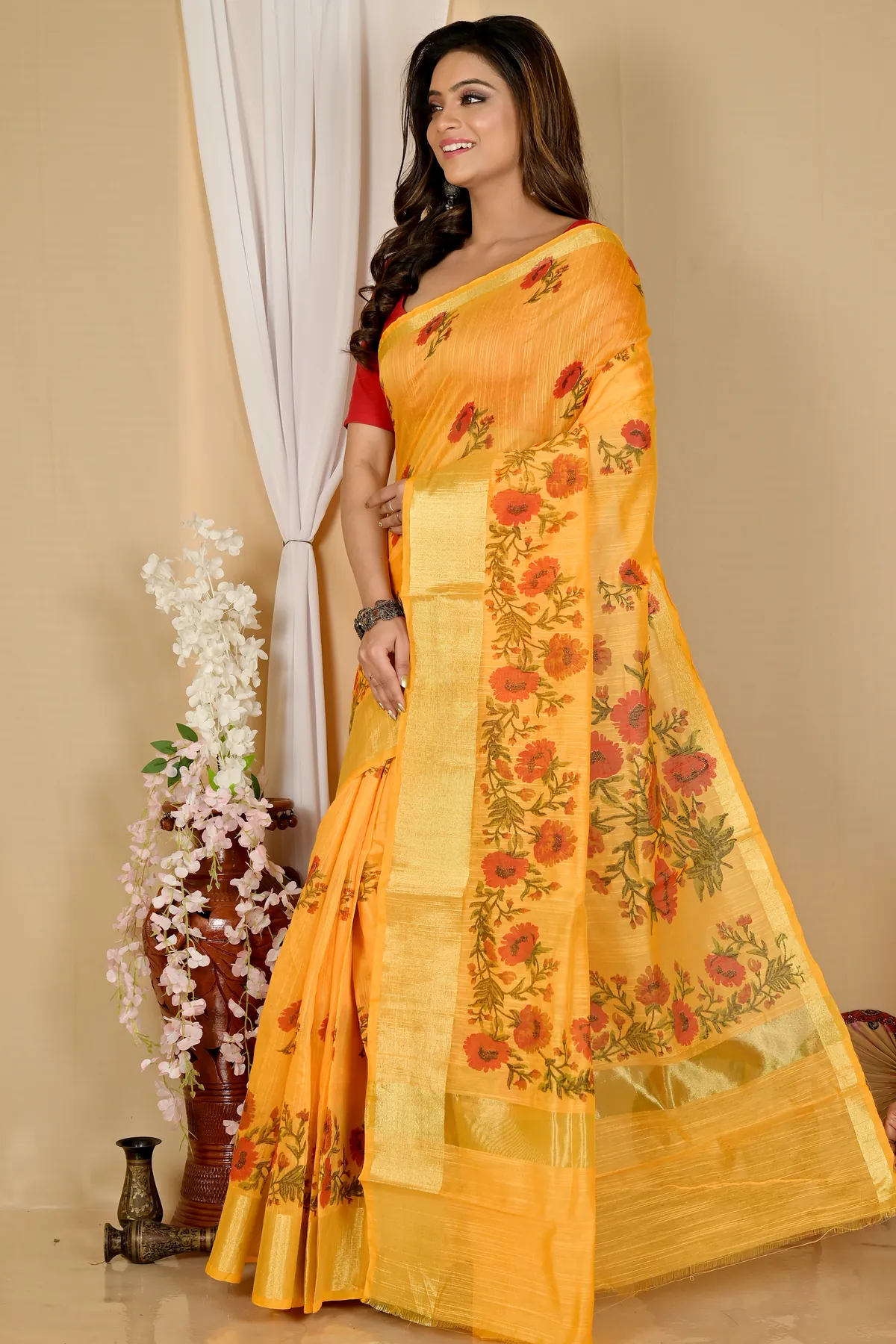 DipDiya Cotton Yellow Narme Regal Bengali Printed Handloom Sarees