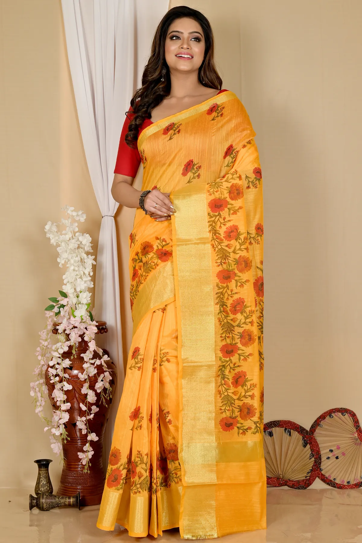 DipDiya Cotton Yellow Narme Regal Bengali Printed Handloom Sarees
