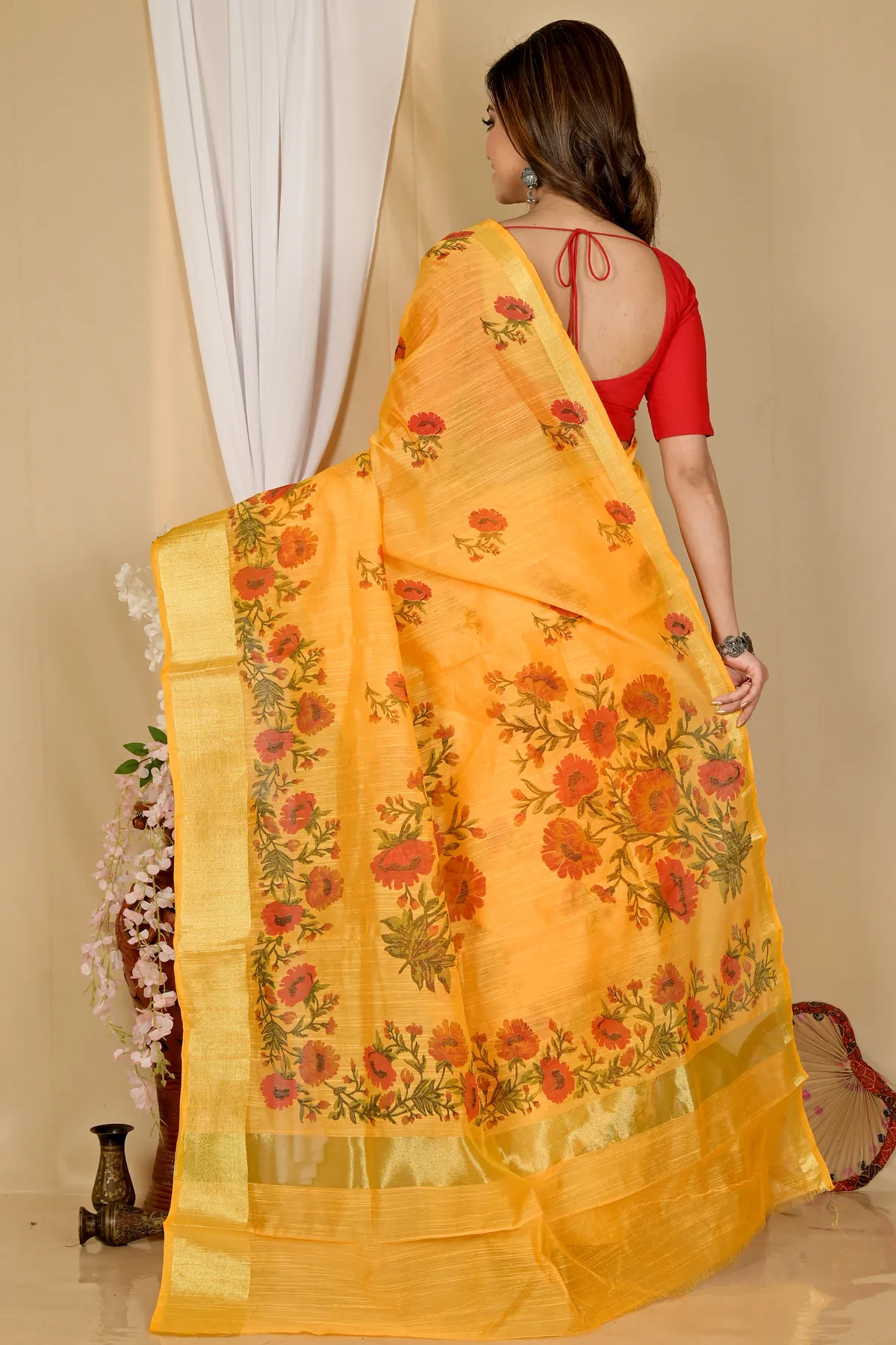 DipDiya Cotton Yellow Narme Regal Bengali Printed Handloom Sarees