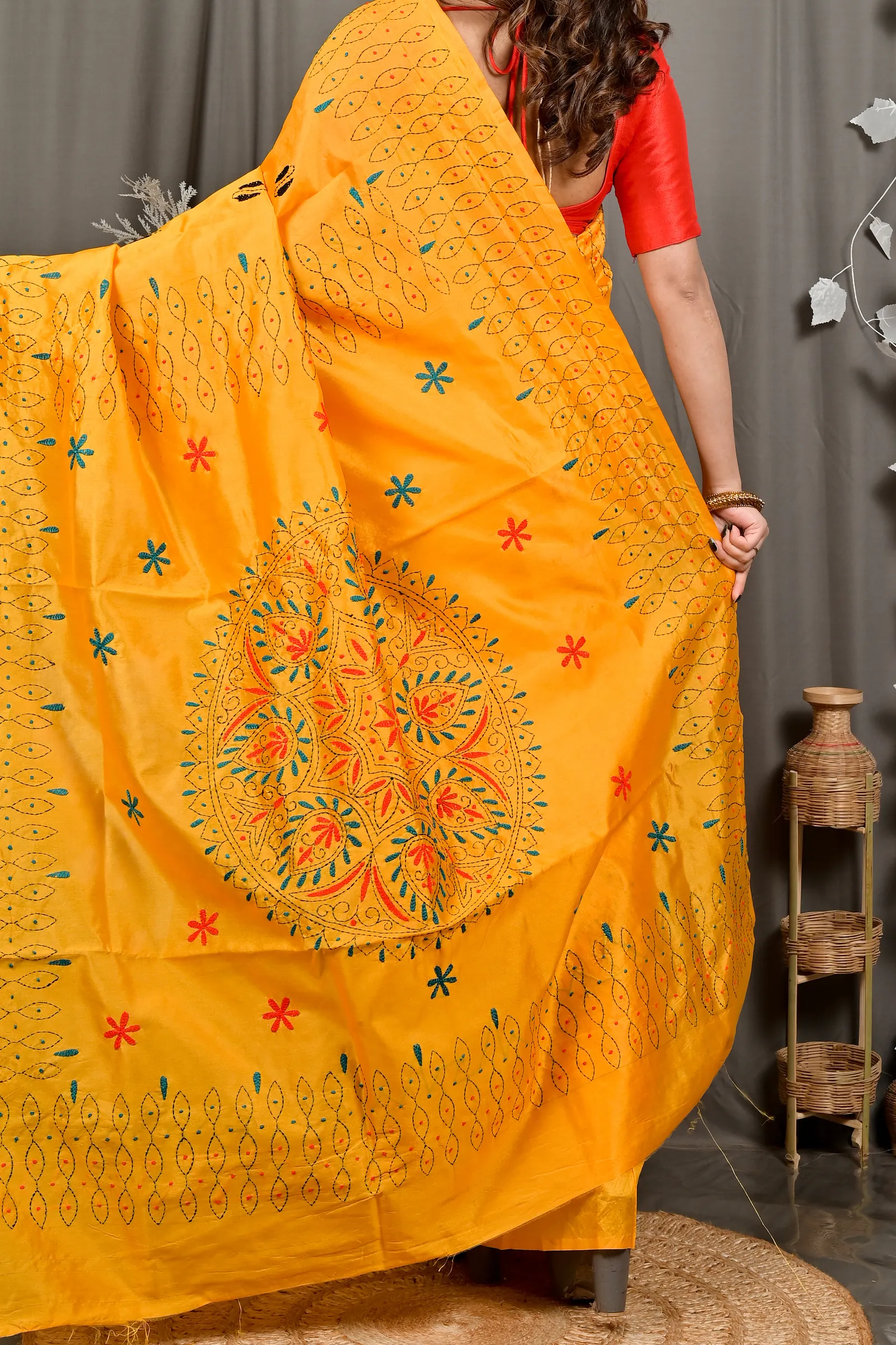 DipDiya Cotton Yellow Varitikath Woven with Tradition Kantha Stitch Sarees