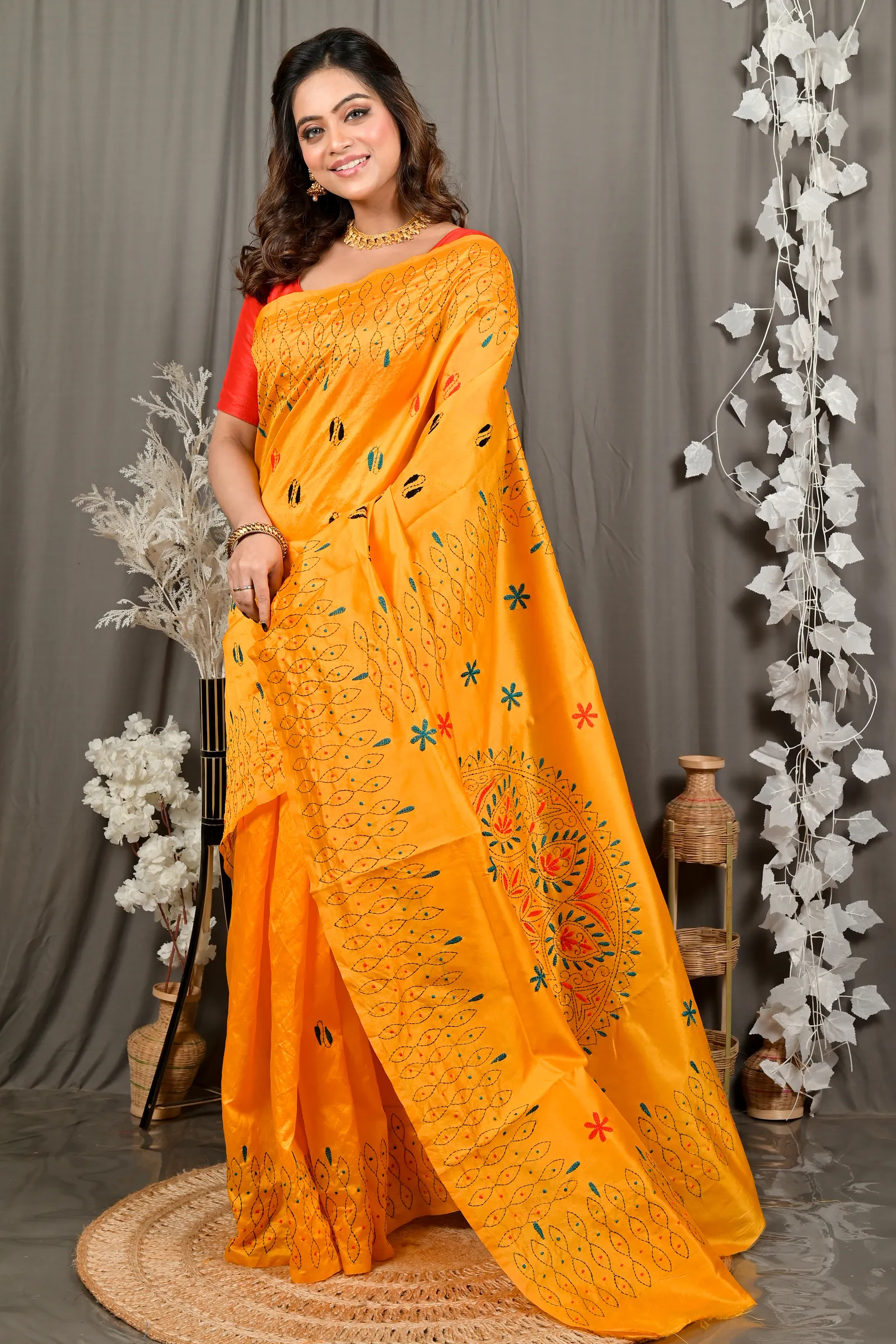 DipDiya Cotton Yellow Varitikath Woven with Tradition Kantha Stitch Sarees