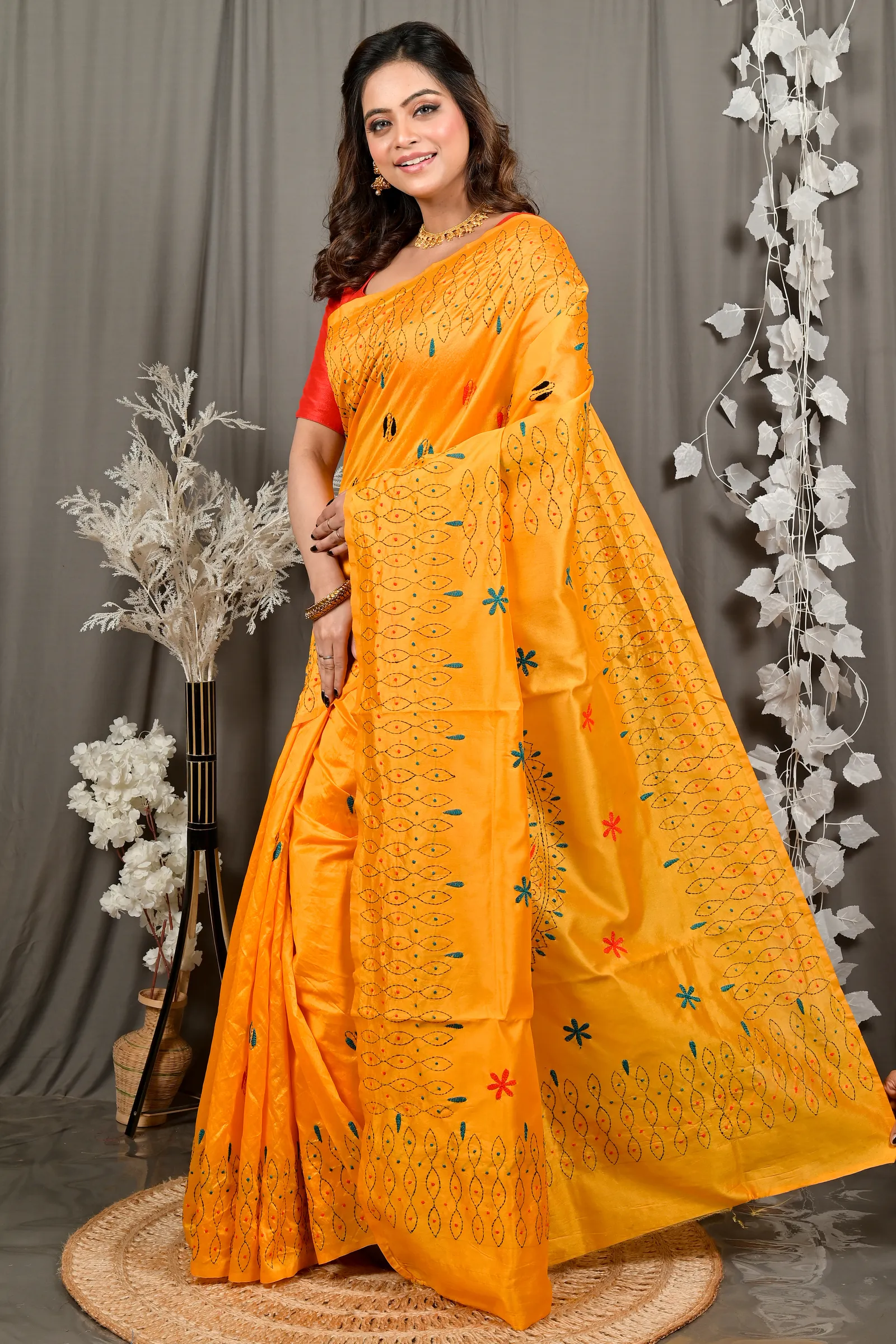DipDiya Cotton Yellow Varitikath Woven with Tradition Kantha Stitch Sarees