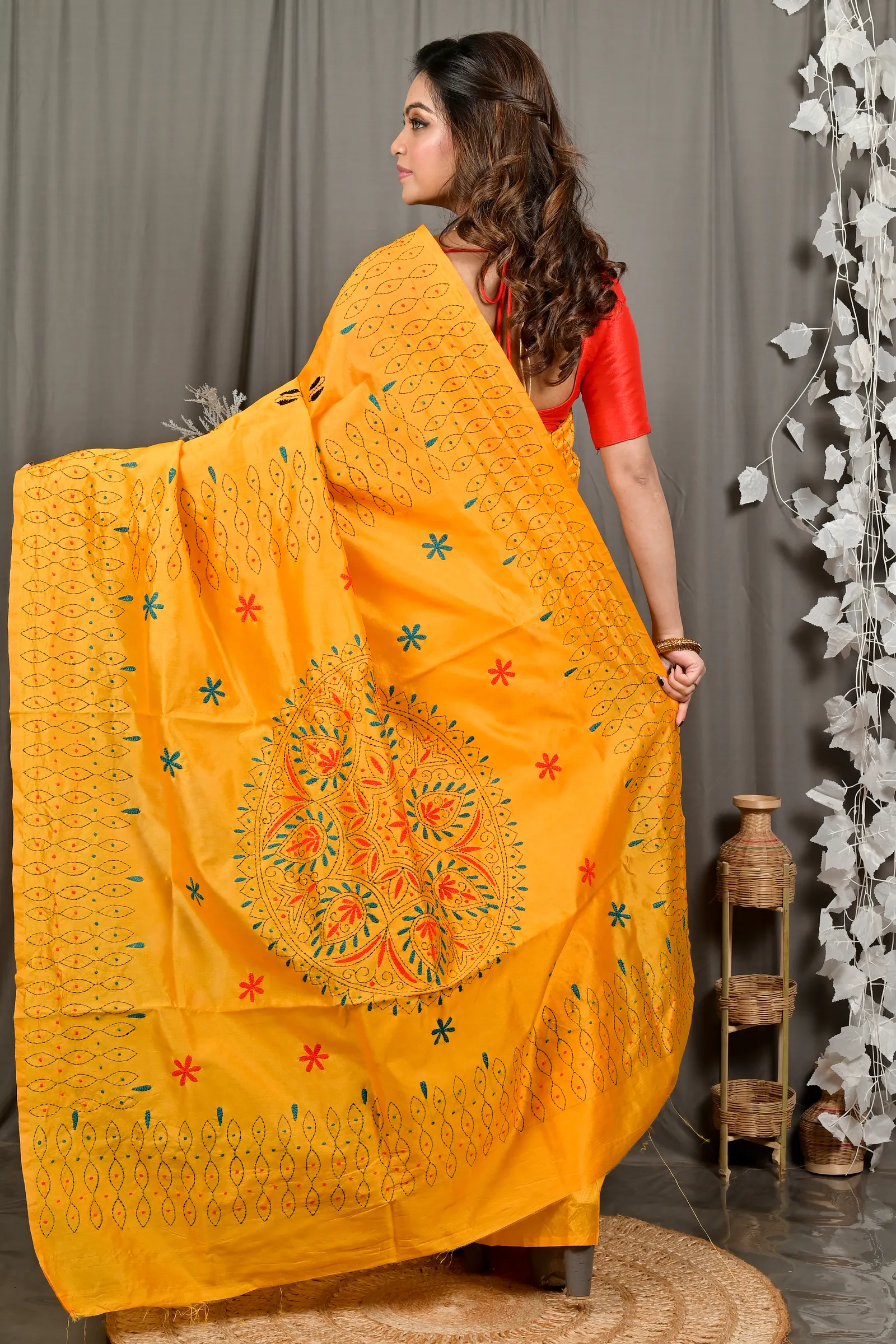 DipDiya Cotton Yellow Varitikath Woven with Tradition Kantha Stitch Sarees