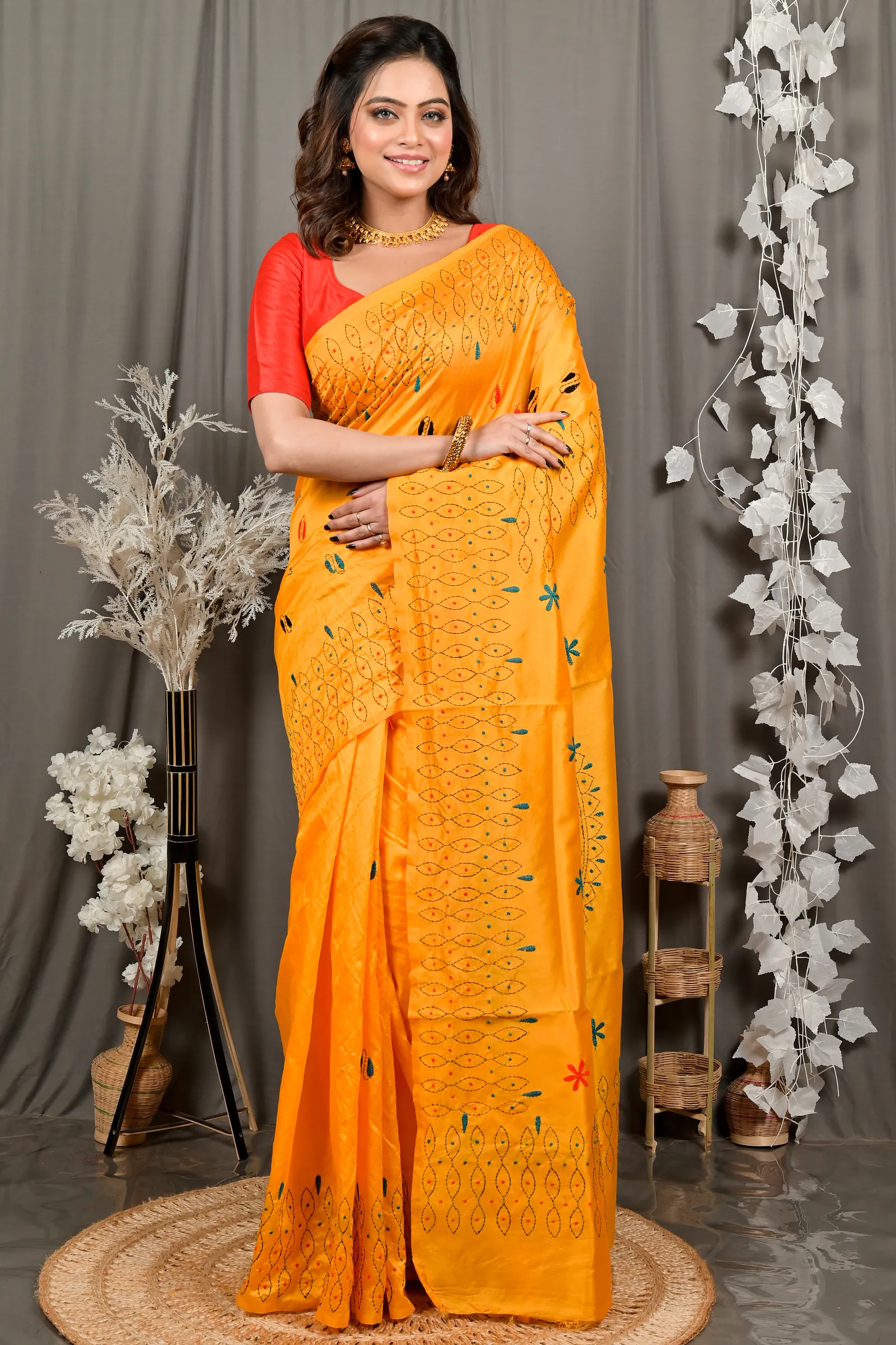DipDiya Cotton Yellow Varitikath Woven with Tradition Kantha Stitch Sarees