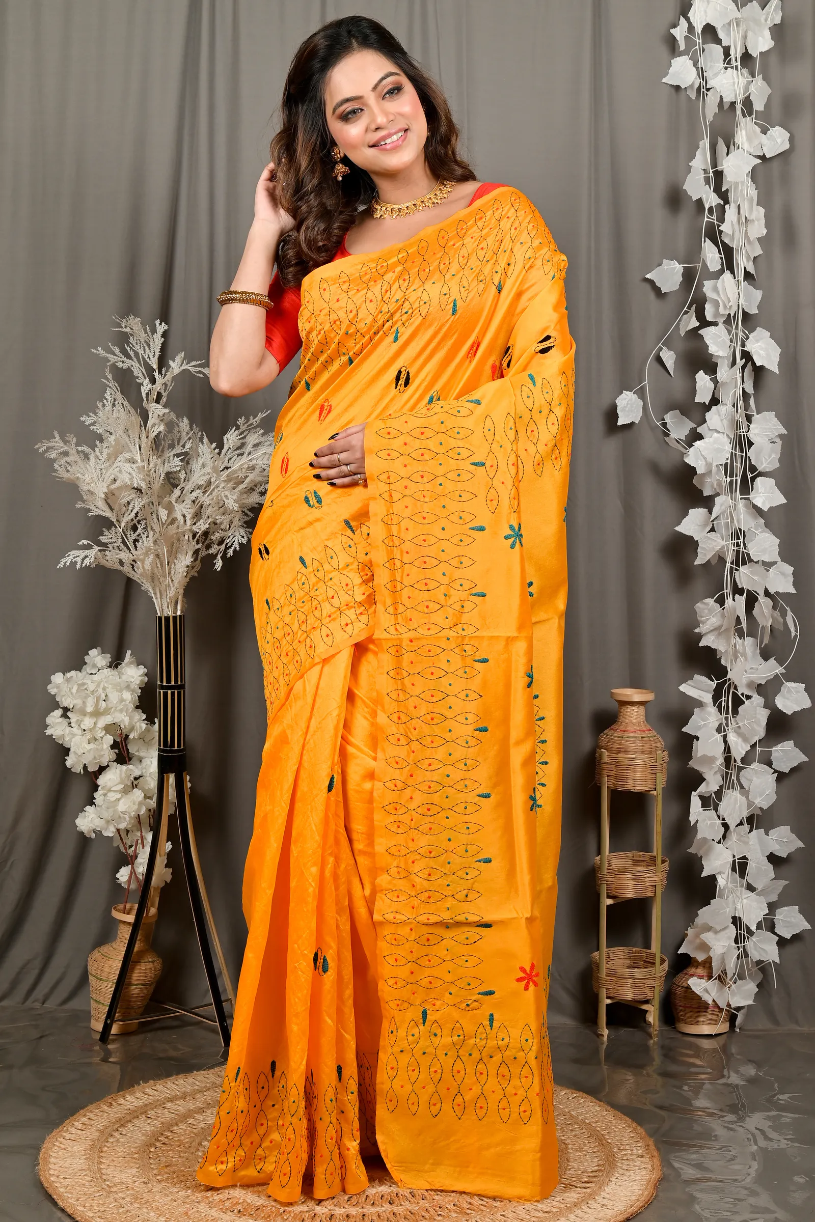 DipDiya Cotton Yellow Varitikath Woven with Tradition Kantha Stitch Sarees