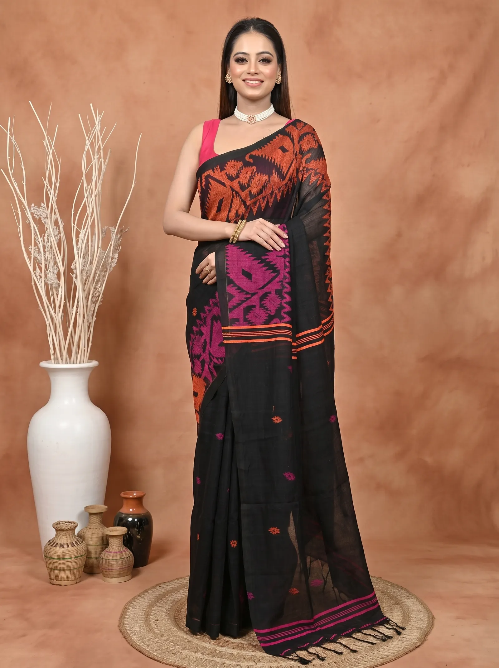 DipDiya Kesh Cotton  Traditional Bengali Black Artisan Crafted Soudik Handloom Saree