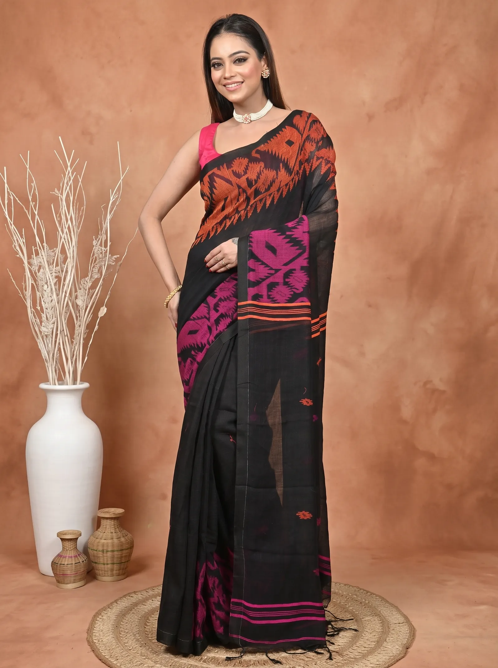 DipDiya Kesh Cotton  Traditional Bengali Black Artisan Crafted Soudik Handloom Saree