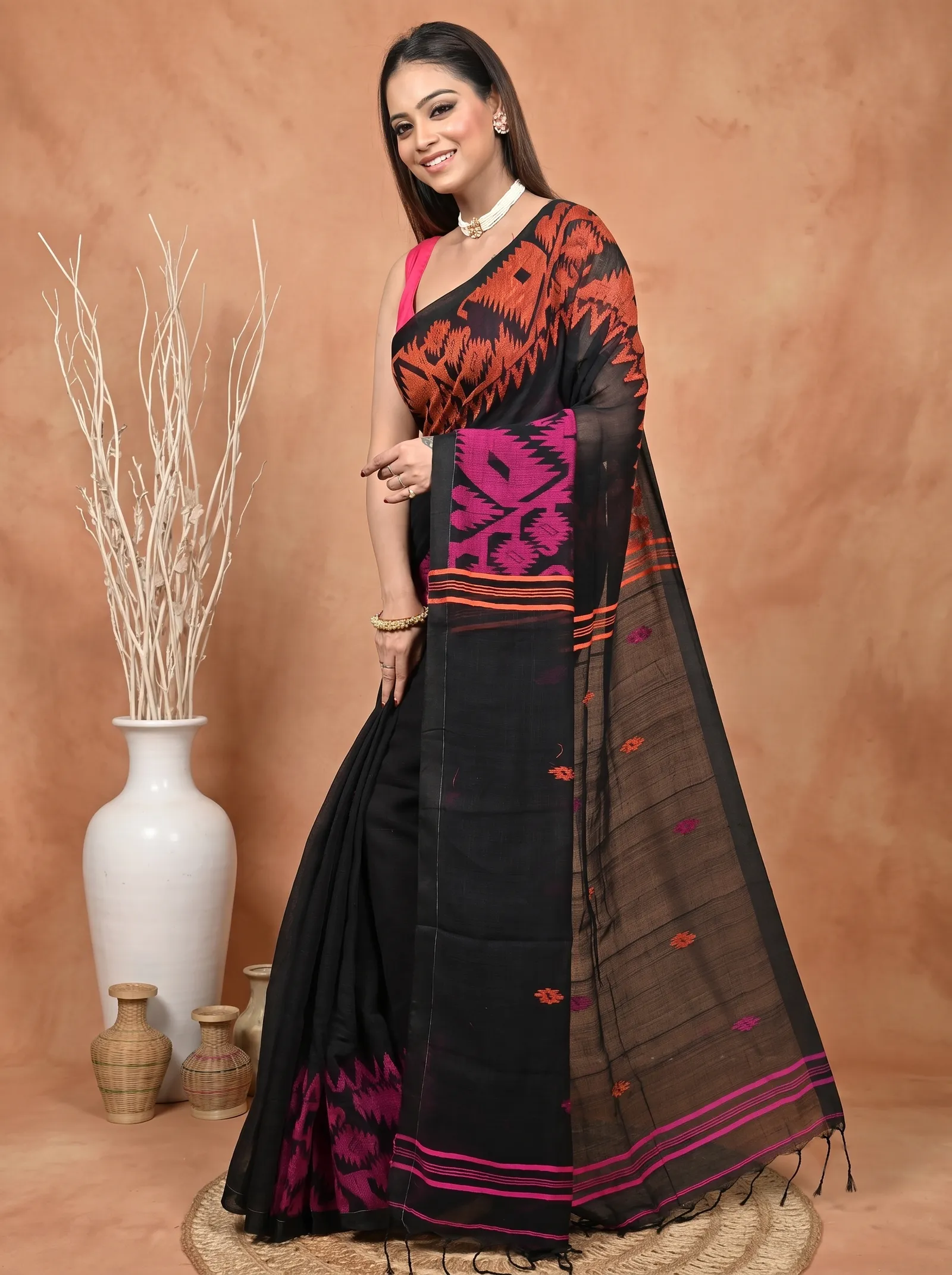 DipDiya Kesh Cotton  Traditional Bengali Black Artisan Crafted Soudik Handloom Saree