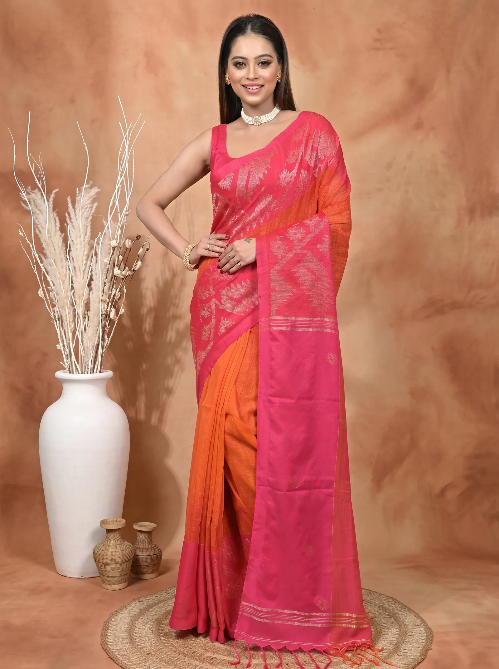 DipDiya Kesh Cotton  Traditional Bengali Dark Pink Artisan Crafted Soudik Handloom Saree