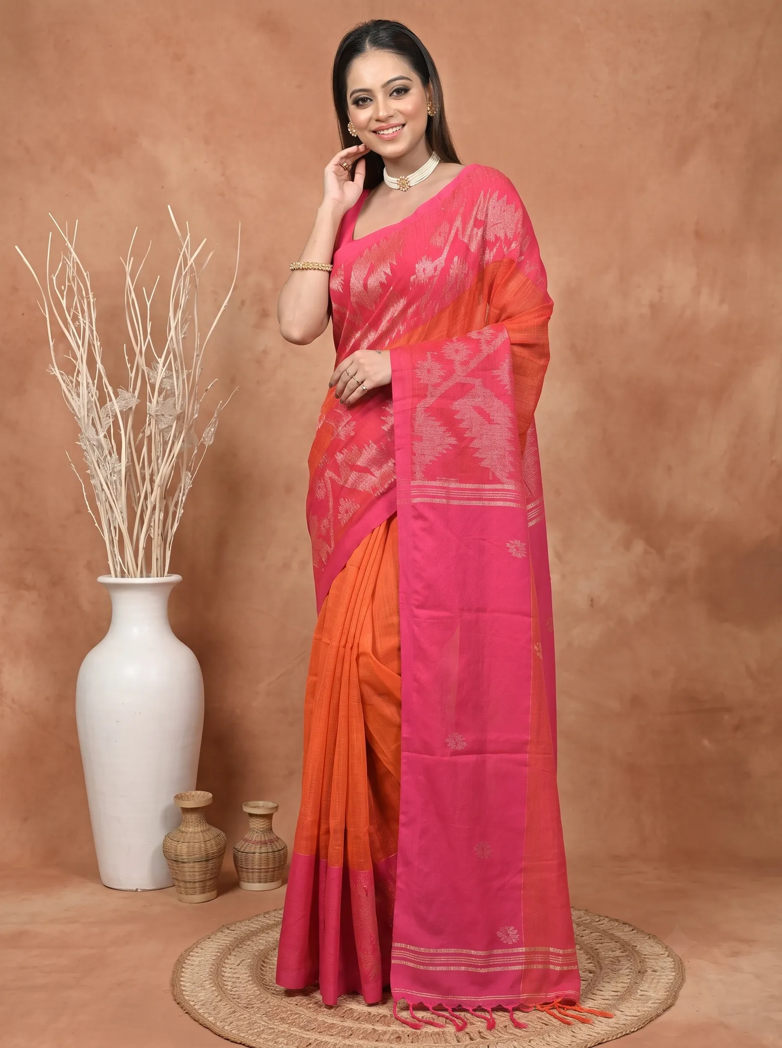 DipDiya Kesh Cotton  Traditional Bengali Dark Pink Artisan Crafted Soudik Handloom Saree