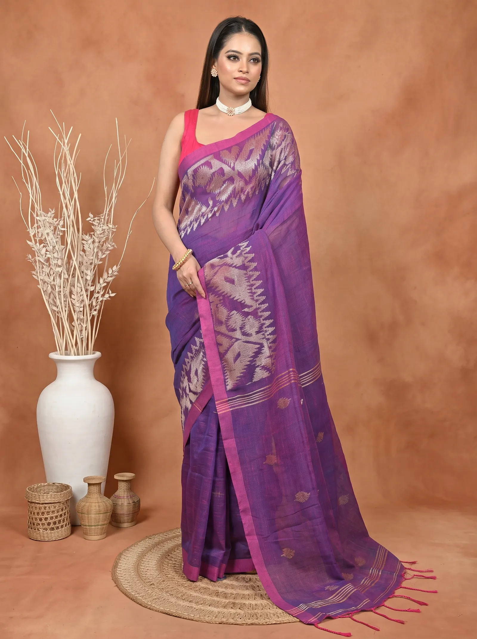 DipDiya Kesh Cotton  Traditional Bengali Dark Violet Artisan Crafted Soudik Handloom Saree