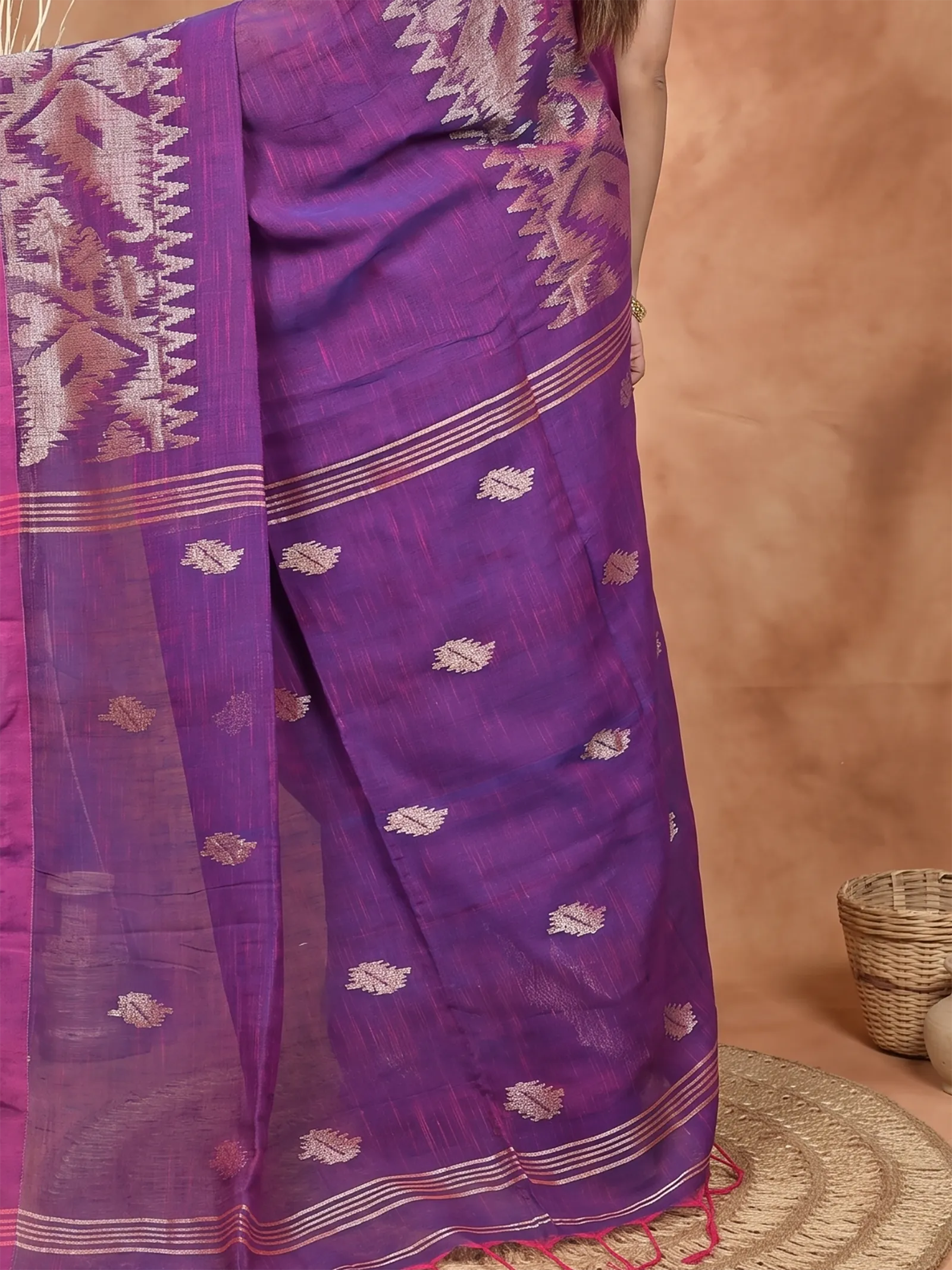 DipDiya Kesh Cotton  Traditional Bengali Dark Violet Artisan Crafted Soudik Handloom Saree