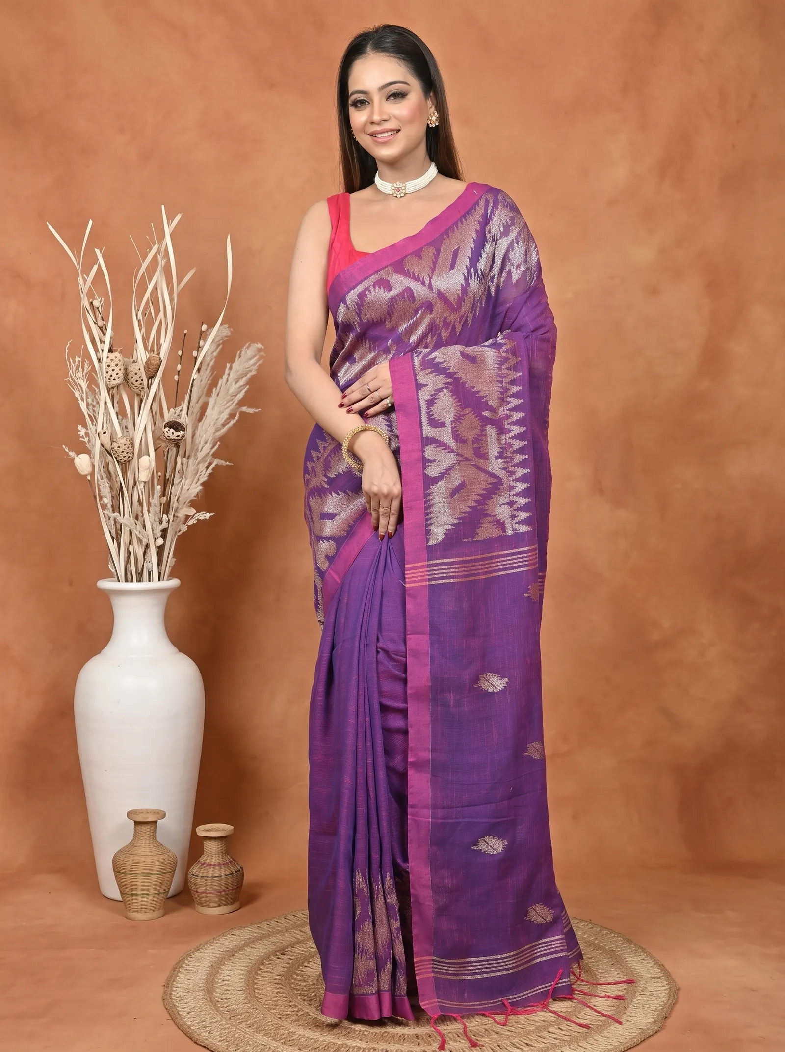 DipDiya Kesh Cotton  Traditional Bengali Dark Violet Artisan Crafted Soudik Handloom Saree