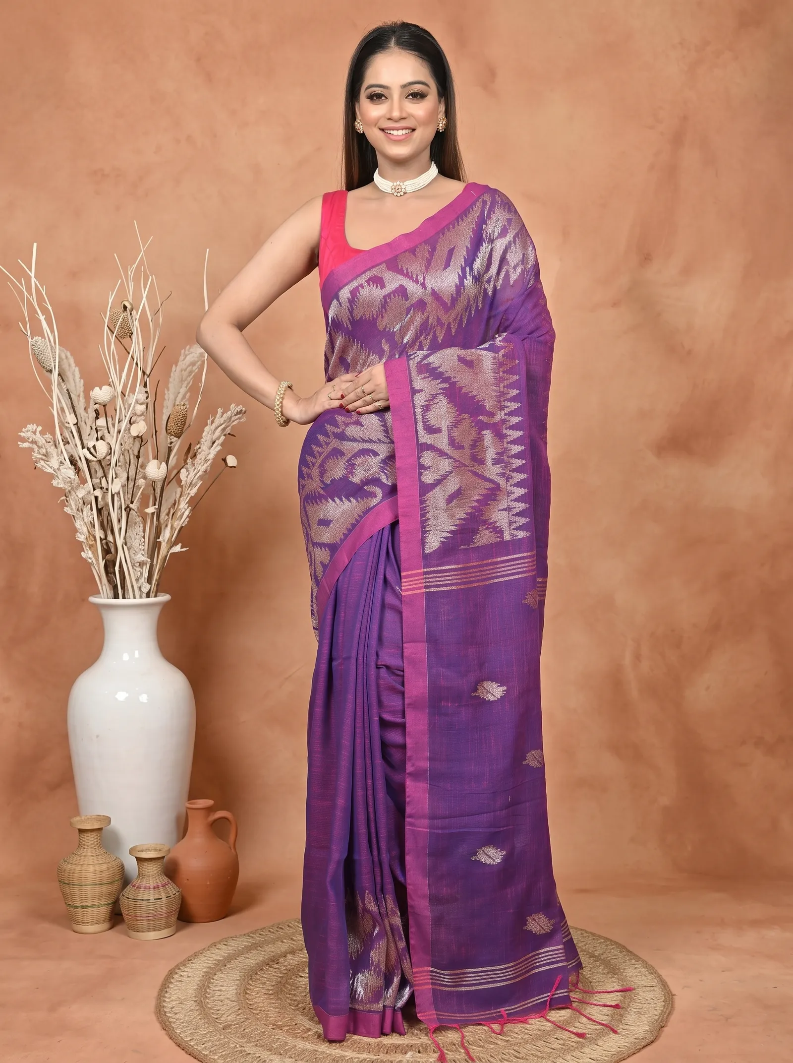DipDiya Kesh Cotton  Traditional Bengali Dark Violet Artisan Crafted Soudik Handloom Saree