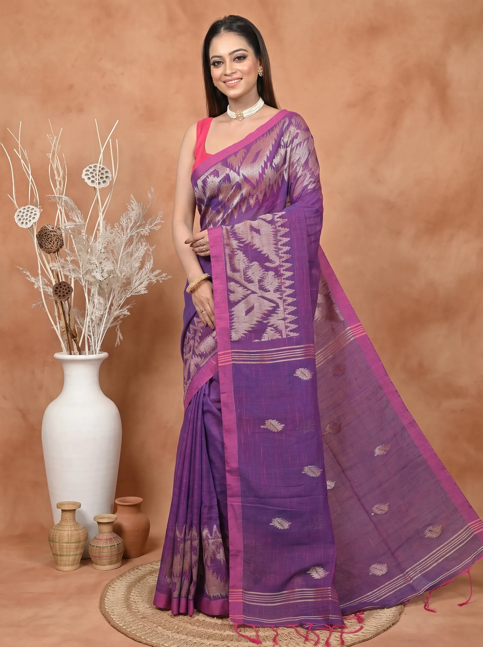 DipDiya Kesh Cotton  Traditional Bengali Dark Violet Artisan Crafted Soudik Handloom Saree