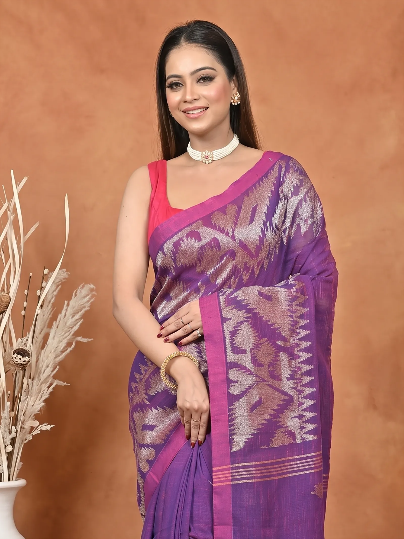 DipDiya Kesh Cotton  Traditional Bengali Dark Violet Artisan Crafted Soudik Handloom Saree