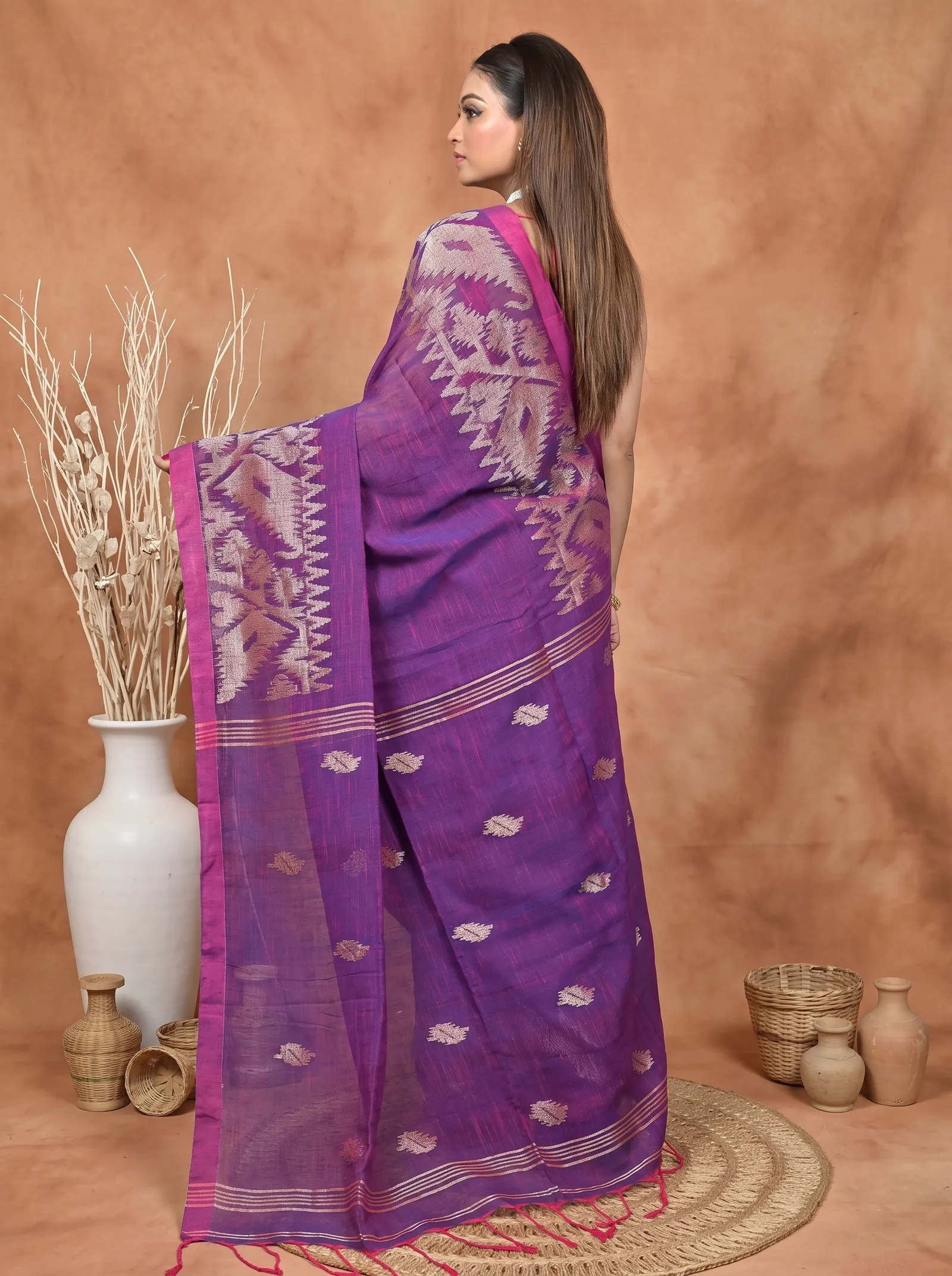 DipDiya Kesh Cotton  Traditional Bengali Dark Violet Artisan Crafted Soudik Handloom Saree