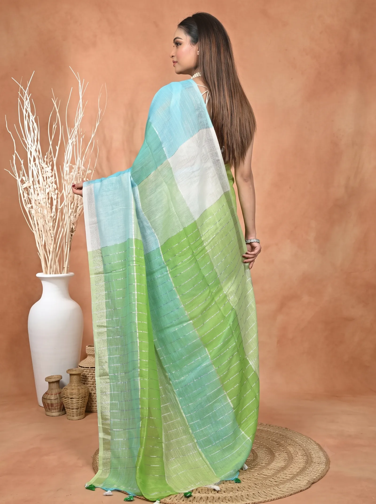 DipDiya Kesh Cotton  Traditional Bengali Green Sky Artisan Crafted Souvon Handloom Saree