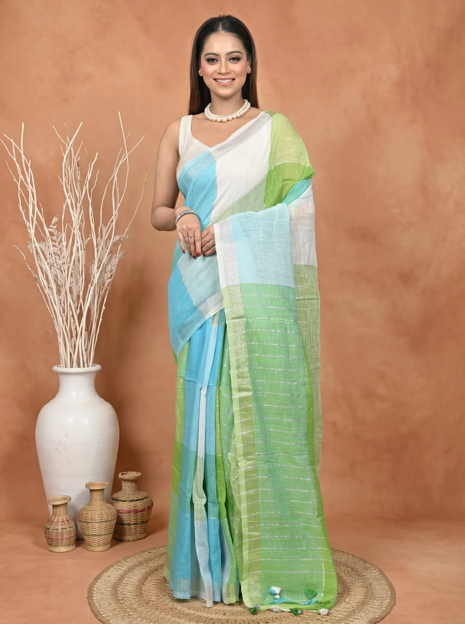 DipDiya Kesh Cotton  Traditional Bengali Green Sky Artisan Crafted Souvon Handloom Saree