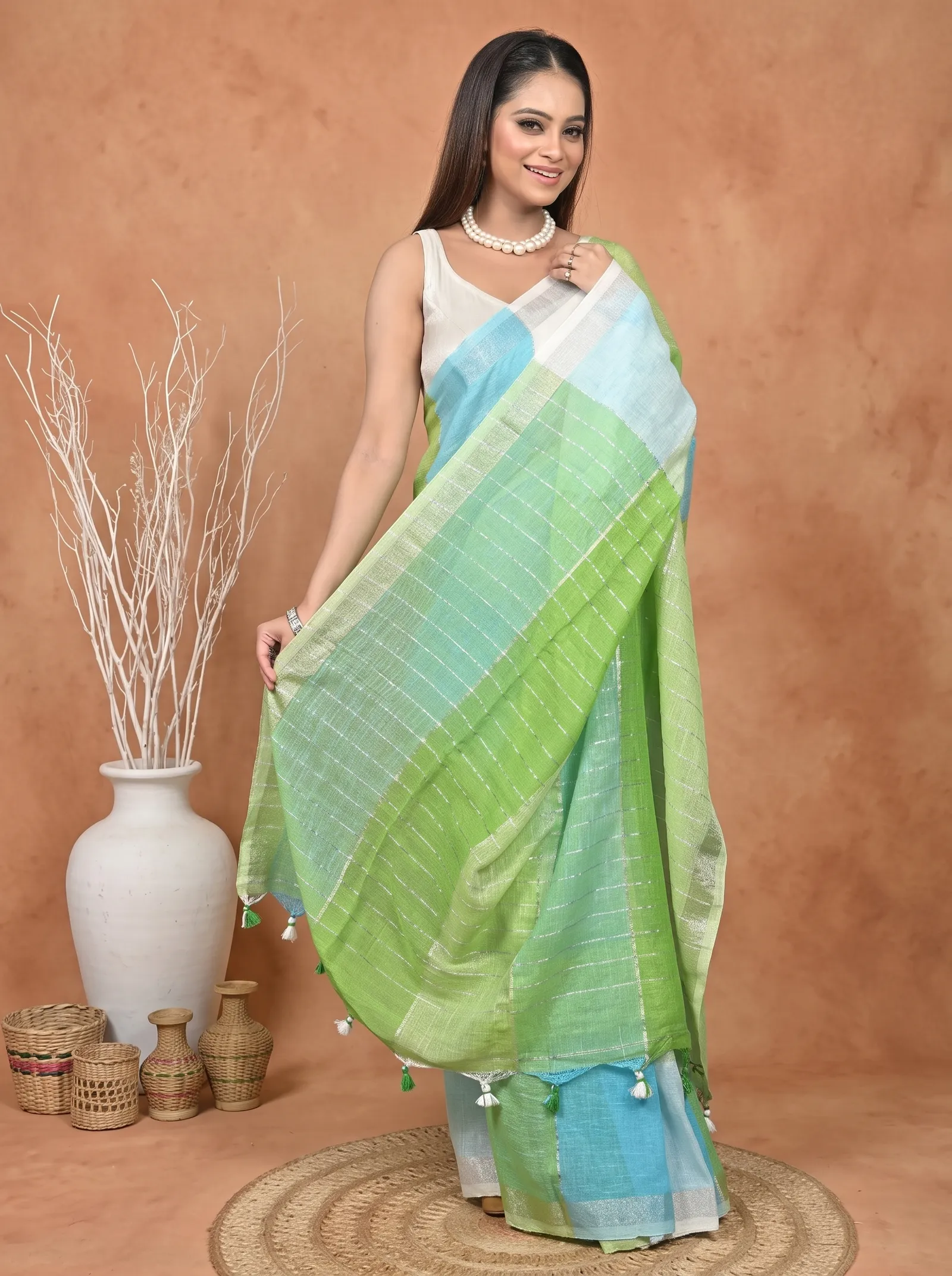 DipDiya Kesh Cotton  Traditional Bengali Green Sky Artisan Crafted Souvon Handloom Saree