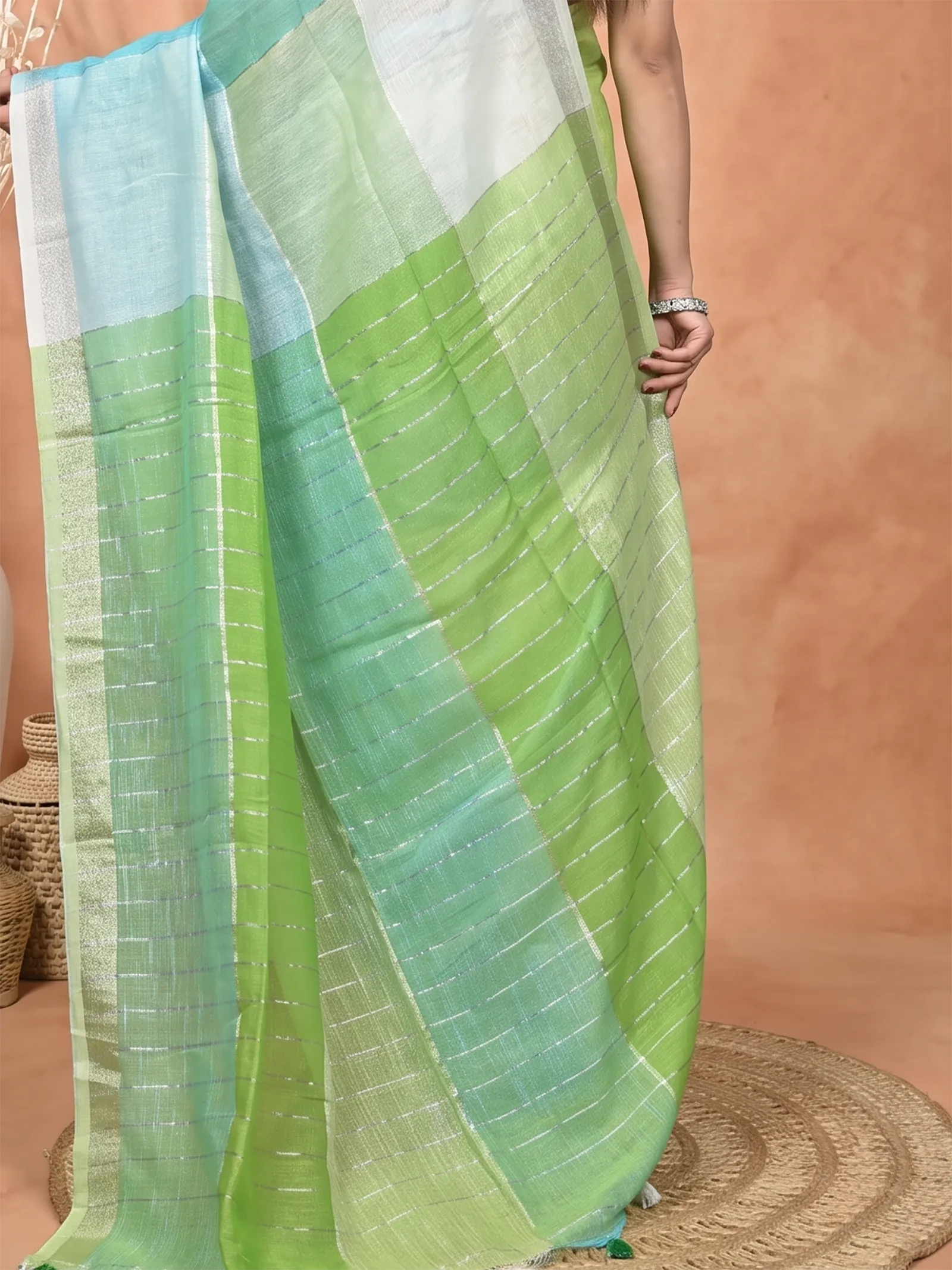 DipDiya Kesh Cotton  Traditional Bengali Green Sky Artisan Crafted Souvon Handloom Saree