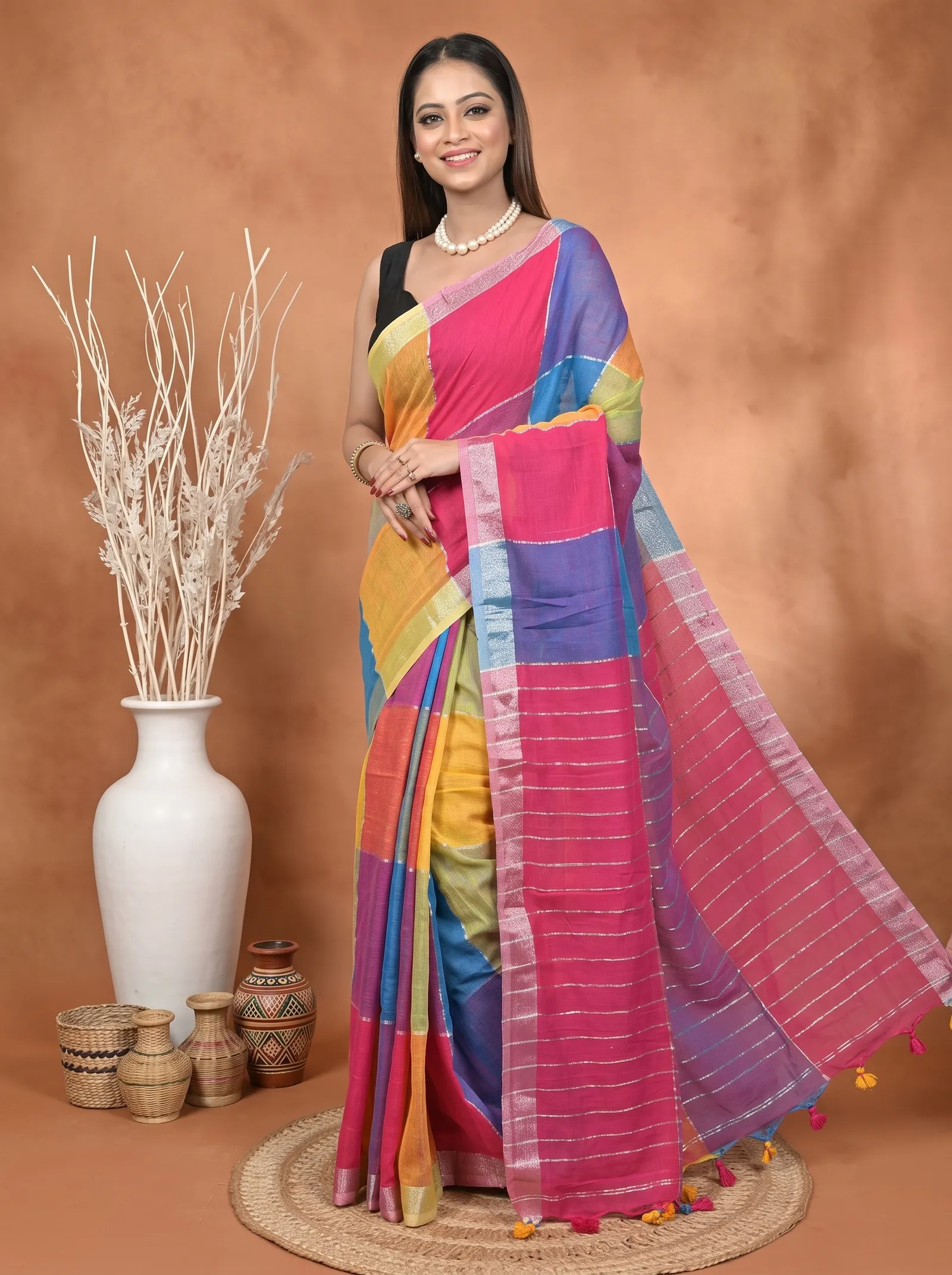 DipDiya Kesh Cotton  Traditional Bengali Multi-Coloured Artisan Crafted Souvon Handloom Saree