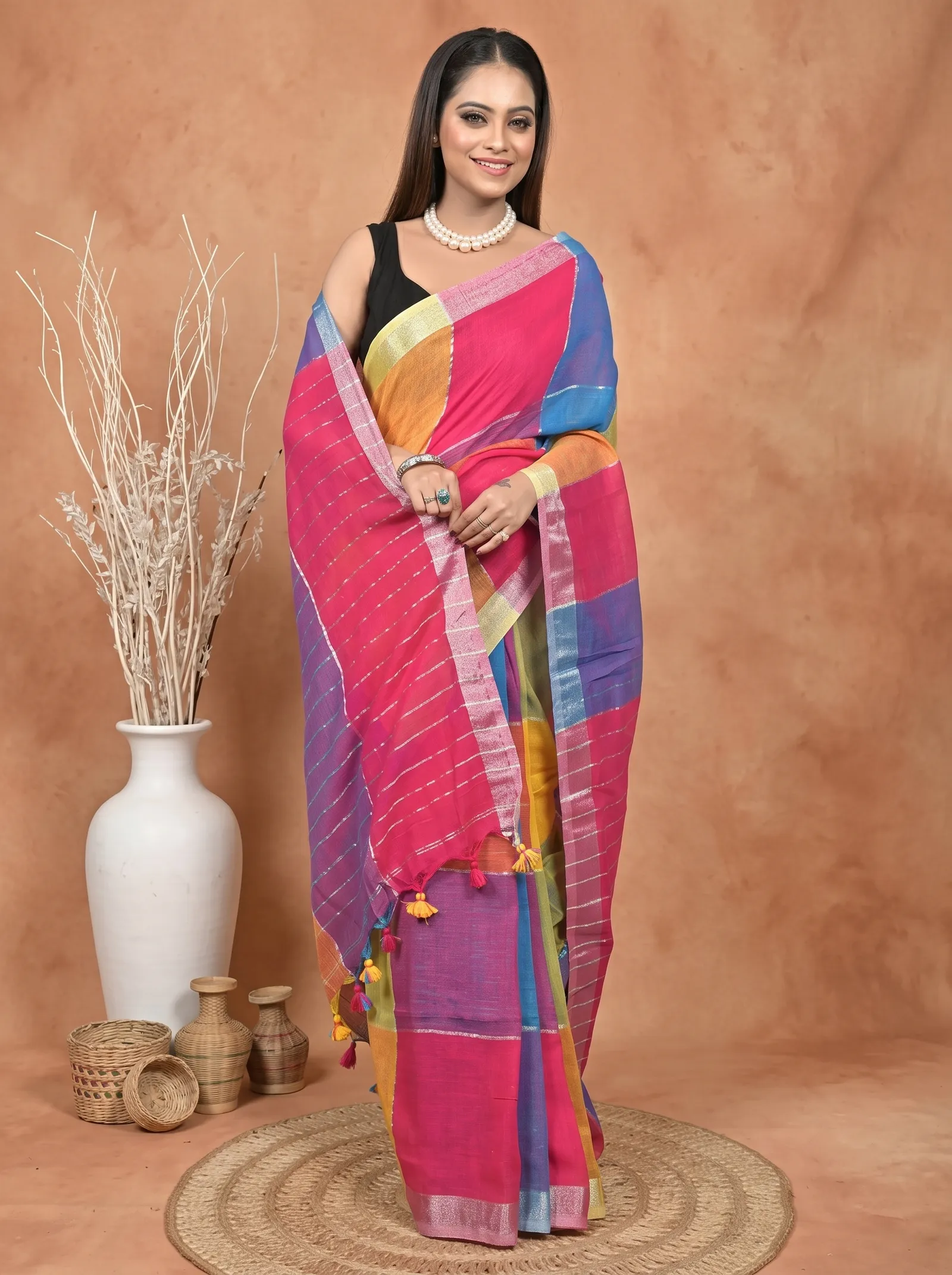 DipDiya Kesh Cotton  Traditional Bengali Multi-Coloured Artisan Crafted Souvon Handloom Saree