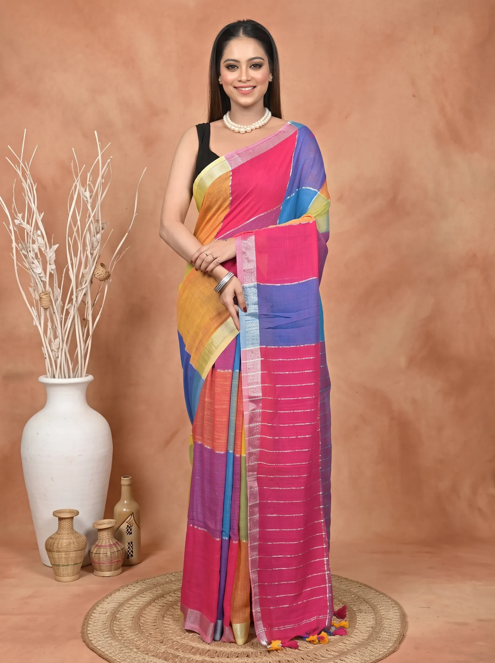 DipDiya Kesh Cotton  Traditional Bengali Multi-Coloured Artisan Crafted Souvon Handloom Saree