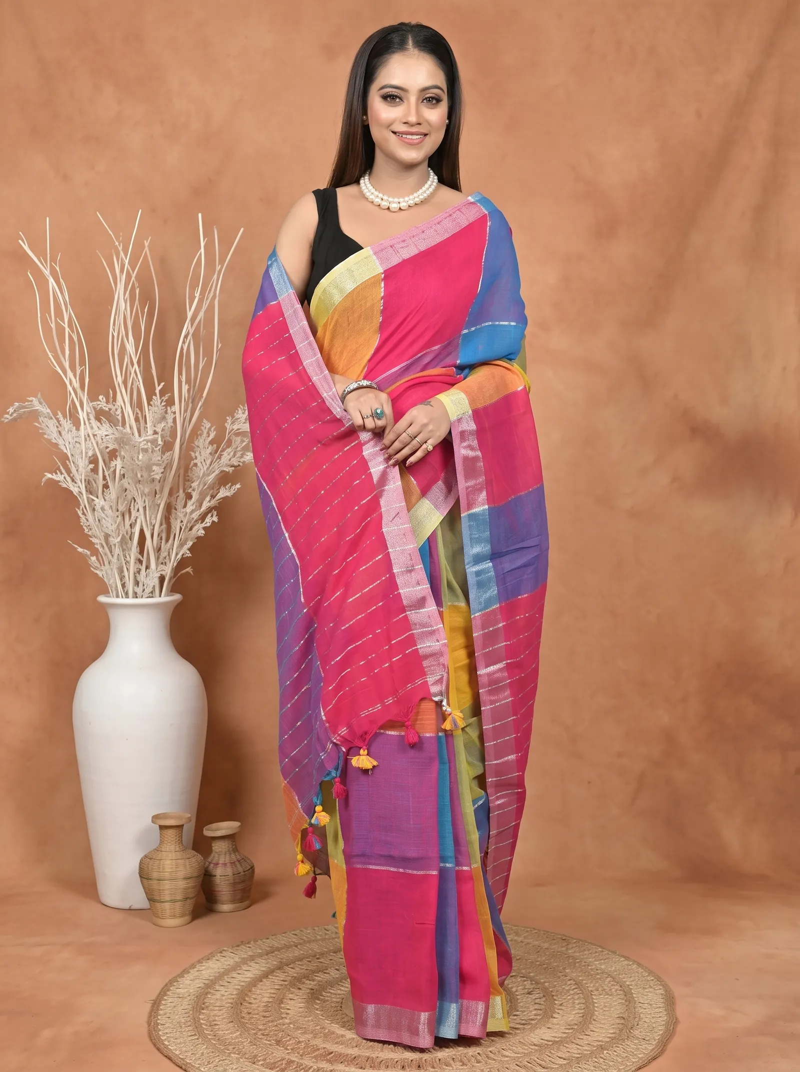 DipDiya Kesh Cotton  Traditional Bengali Multi-Coloured Artisan Crafted Souvon Handloom Saree