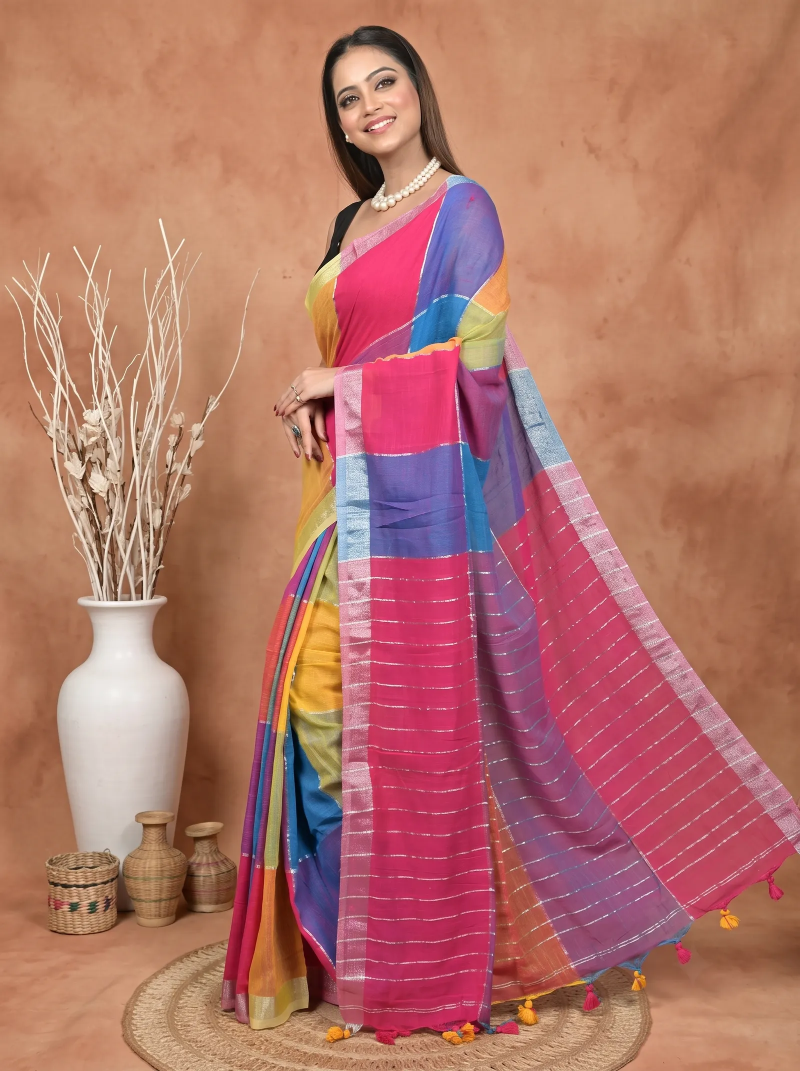 DipDiya Kesh Cotton  Traditional Bengali Multi-Coloured Artisan Crafted Souvon Handloom Saree